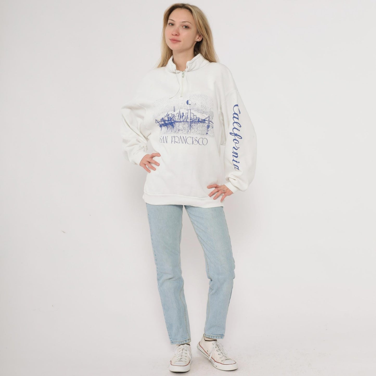 90s San Francisco Skyline Quarter-Zip Sweatshirt Cream Cotton Moon Bridge Medium