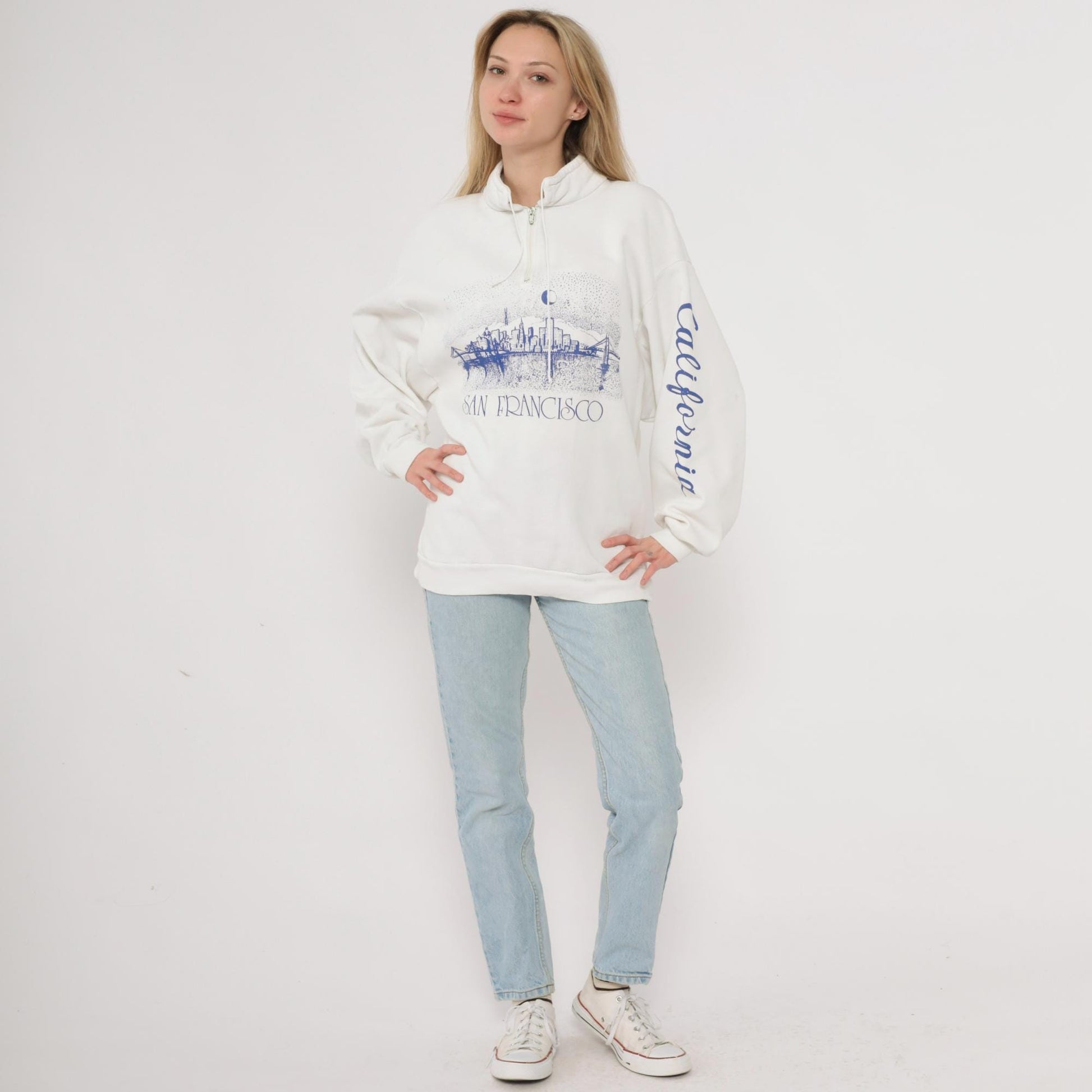 90s San Francisco Skyline Quarter-Zip Sweatshirt Cream Cotton Moon Bridge Medium