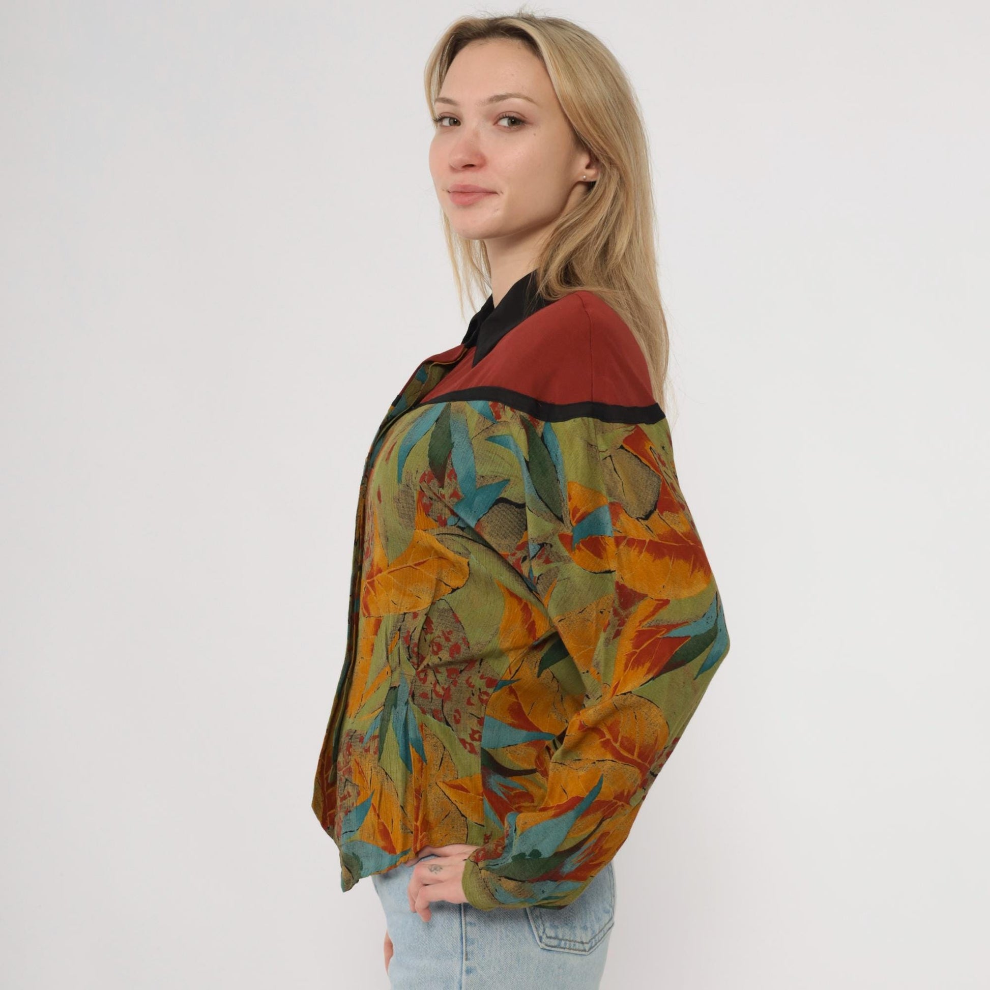 90s Colorblock Leaf Print Button-Up Shirt Rust Olive Yellow Medium