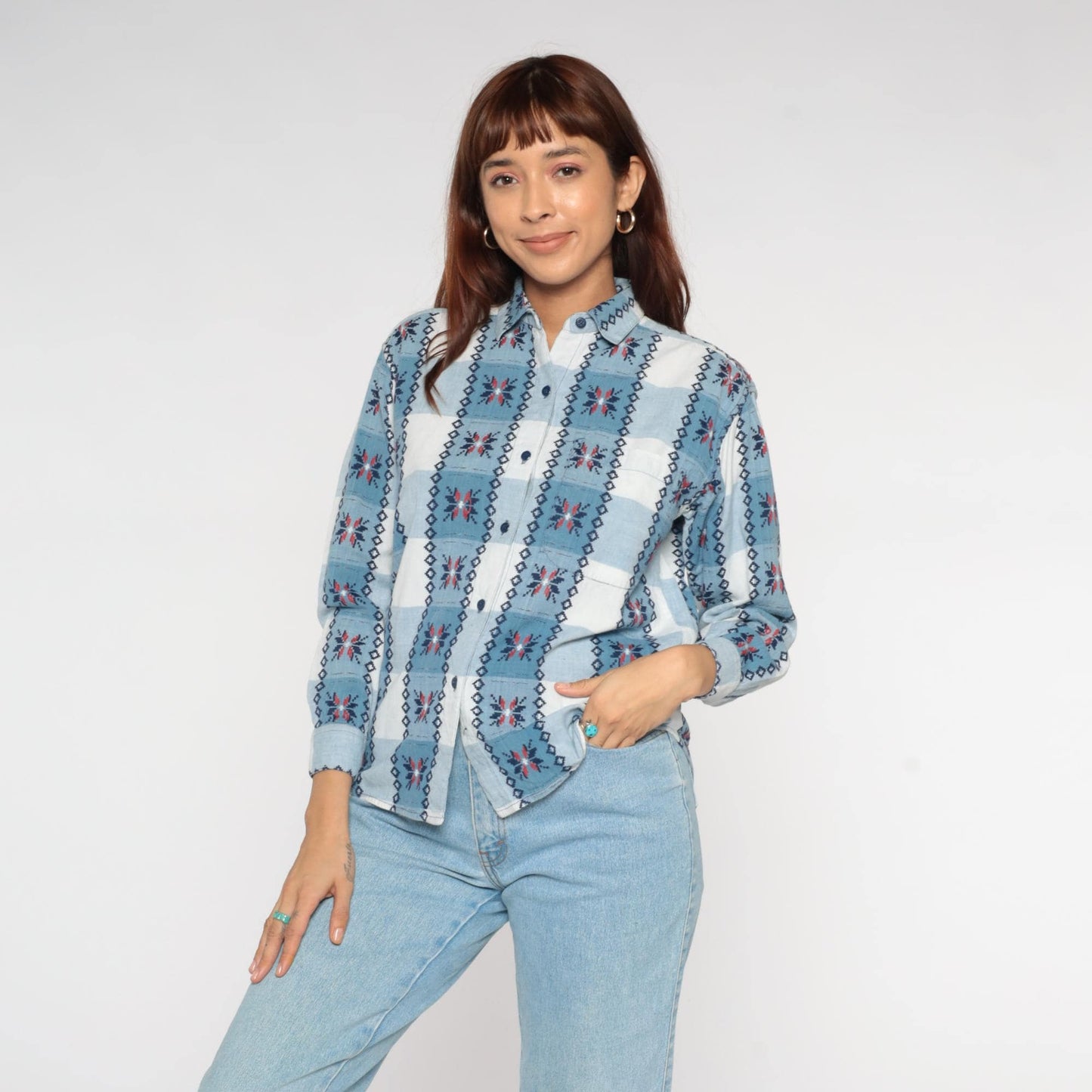 90s Keren Hart Southwestern Plaid Button Up Shirt Blue White Small S