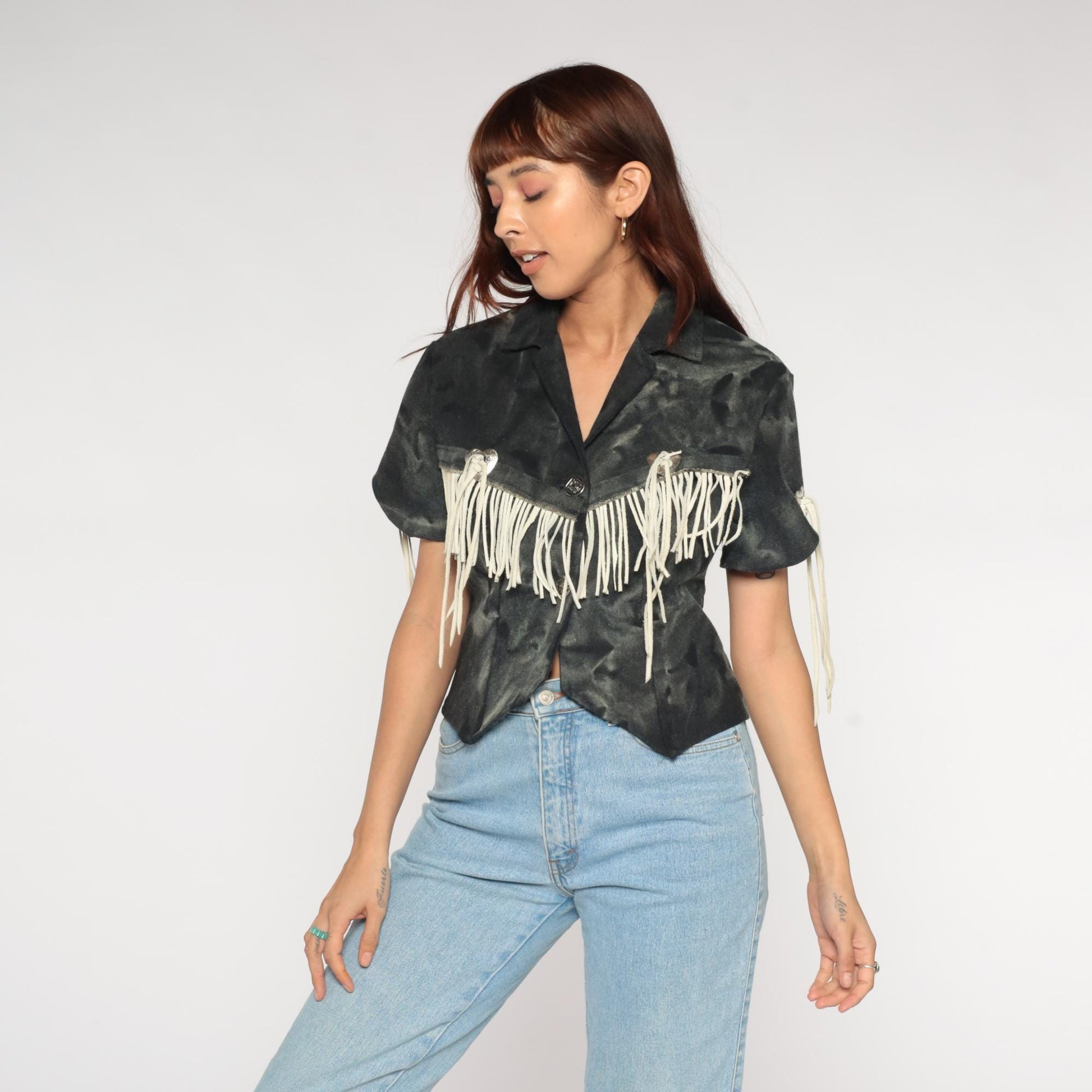90s Western Fringe Blazer Black Camo Suede Cropped Jacket Small S