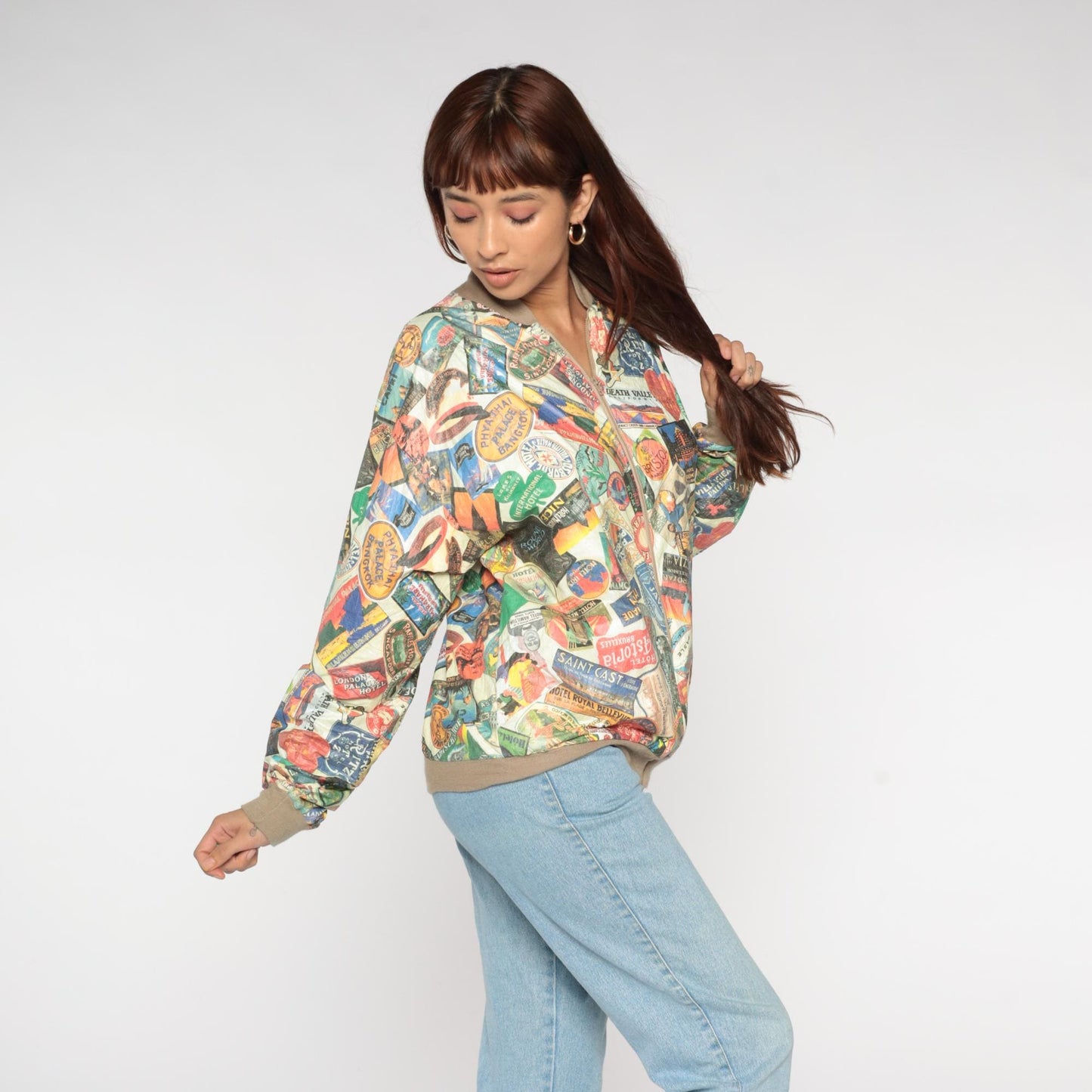 90s Travel Hotel Label Bomber Jacket Multicolor Graphic Medium Large