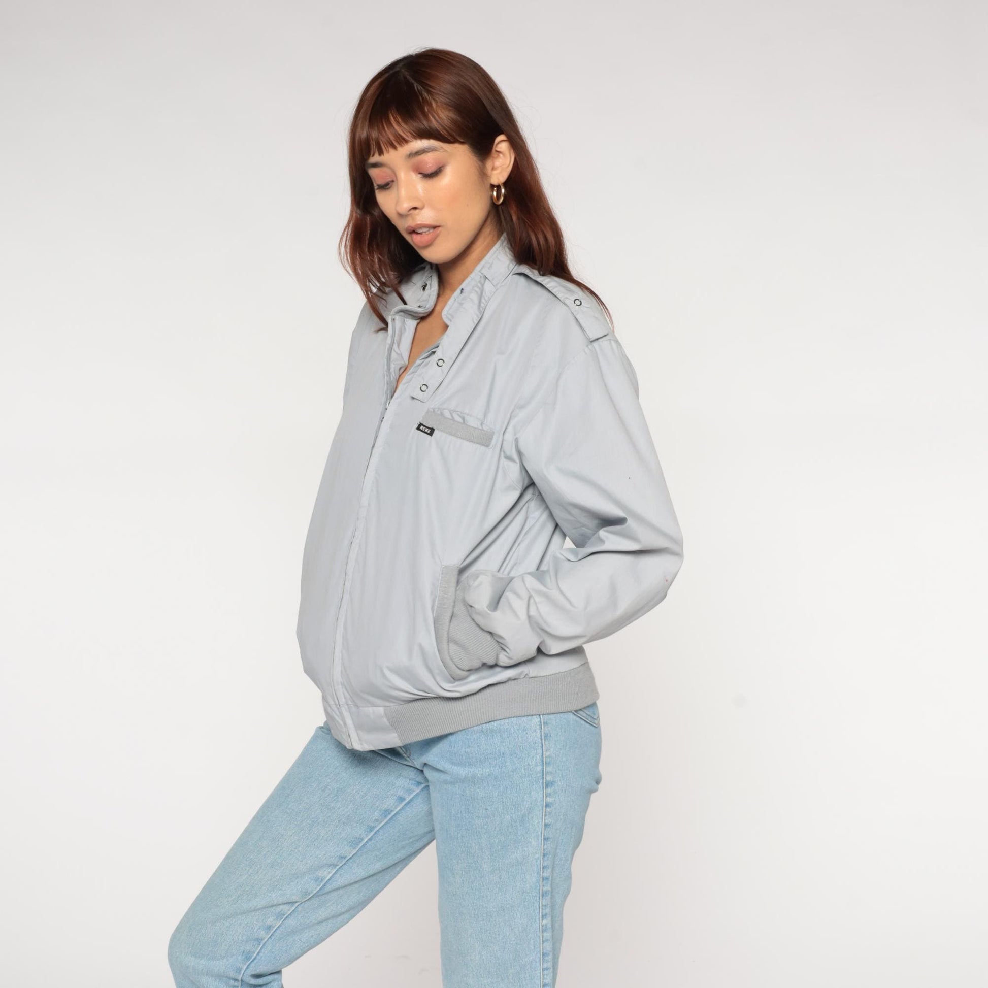 80s Rene De France Light Gray Bomber Jacket Epaulettes Large L
