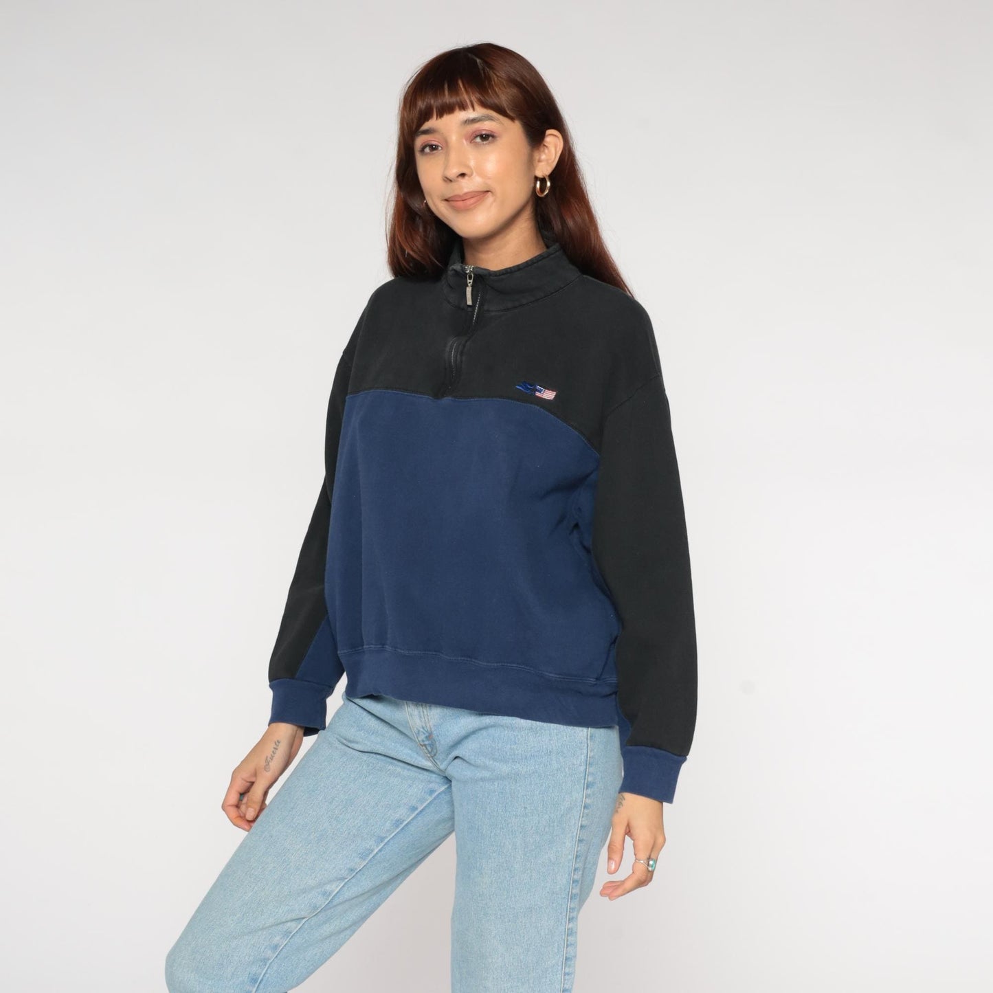 90s Starter Colorblock Quarter-Zip Sweatshirt Navy Black American Flag Extra Large