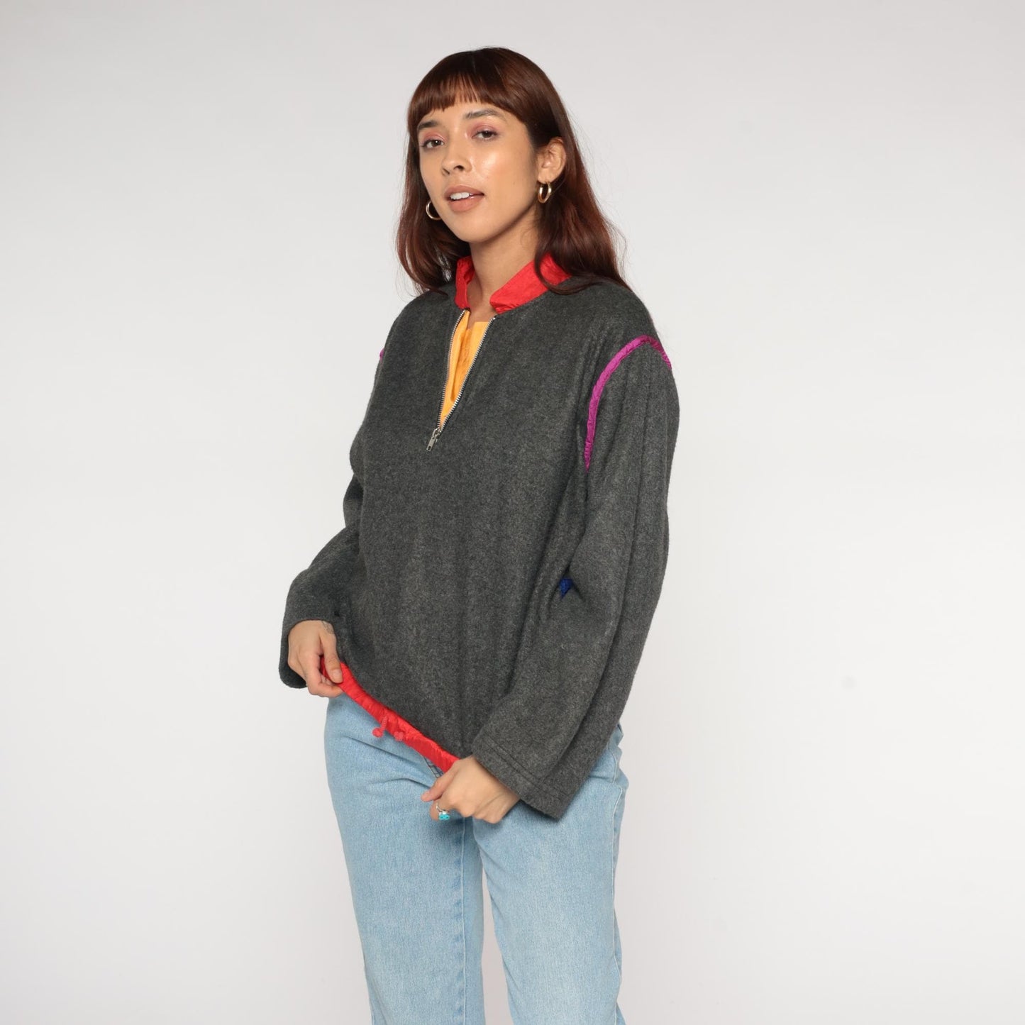 90s Jacques Moret Colorblock Fleece Pullover Grey Red Pink Quarter Zip Small