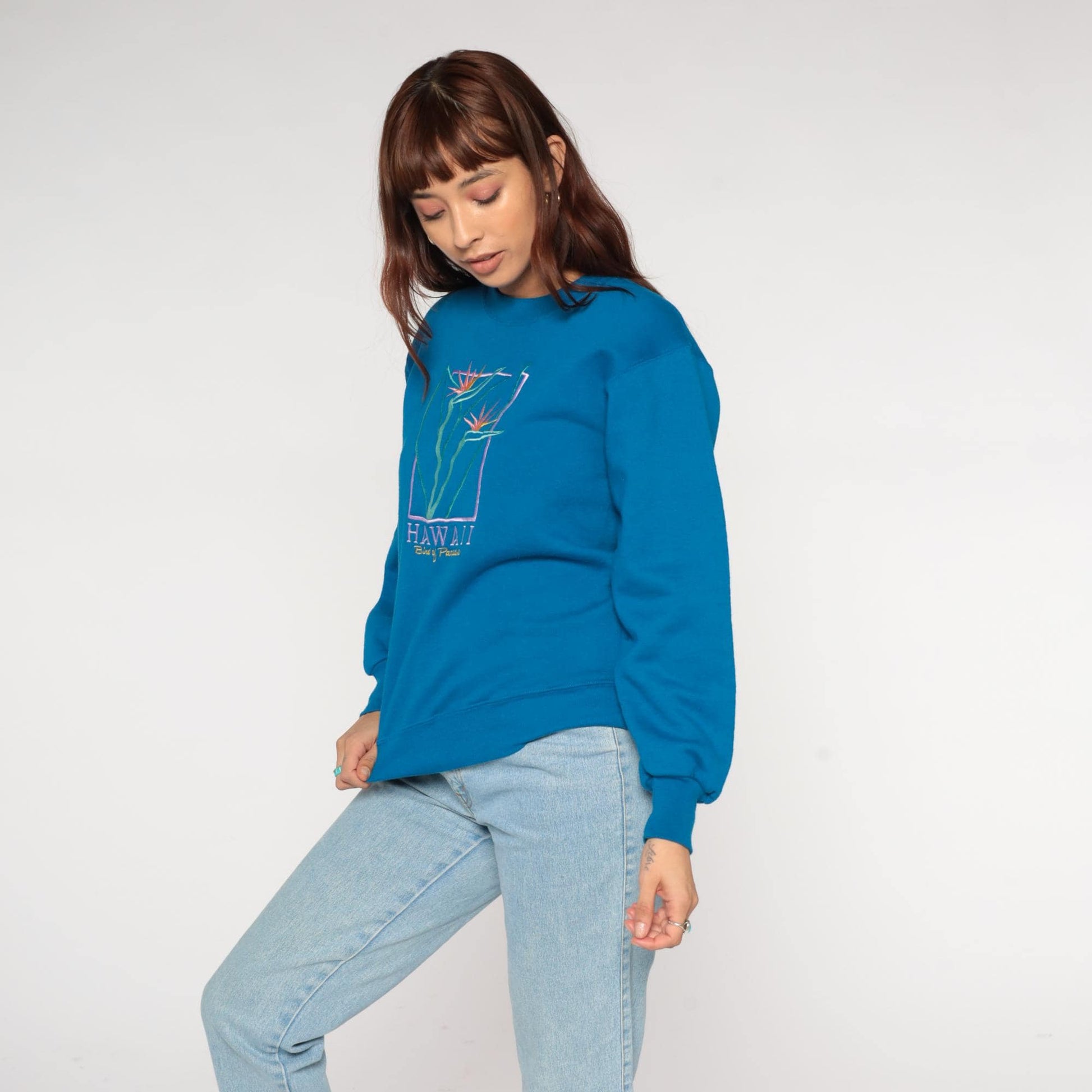 90s Crazy Shirt Bird Of Paradise Hawaii Embroidered Sweatshirt Teal Small