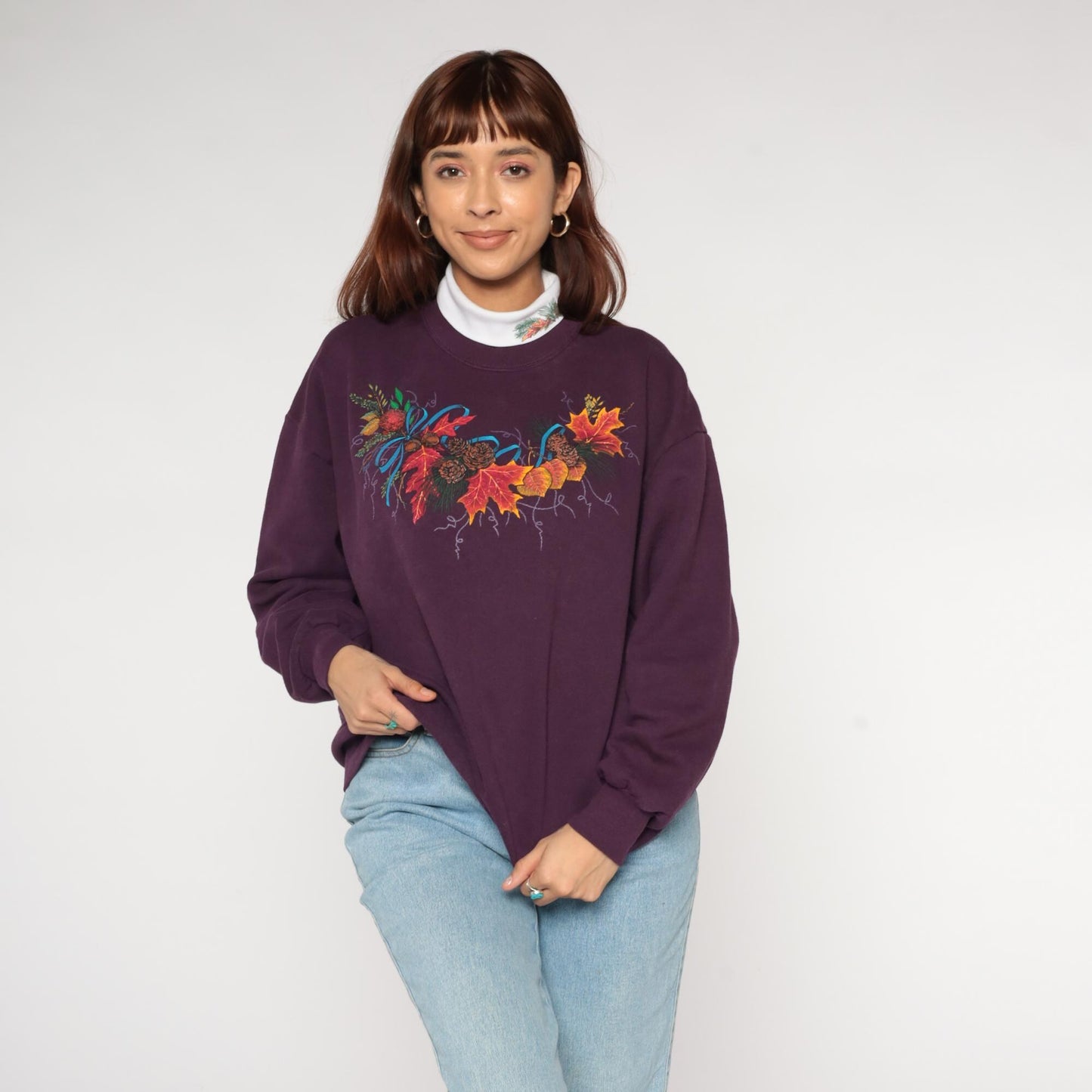 90s Jerzees Purple Autumn Sweatshirt Maple Leaf Pinecone Graphic Extra Large XL