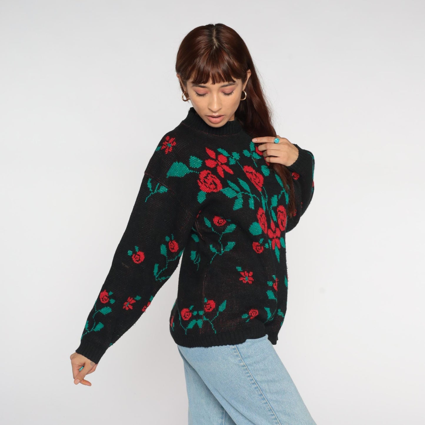 90s Village Fair Black Floral Knit Sweater Red Rose Metallic Medium M