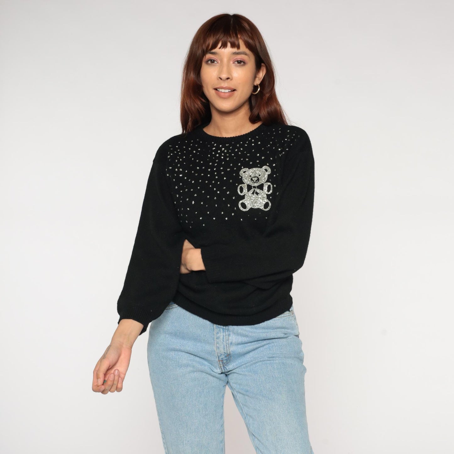 90s Western Sportswear Teddy Bear Sequin Sweater Black Small S