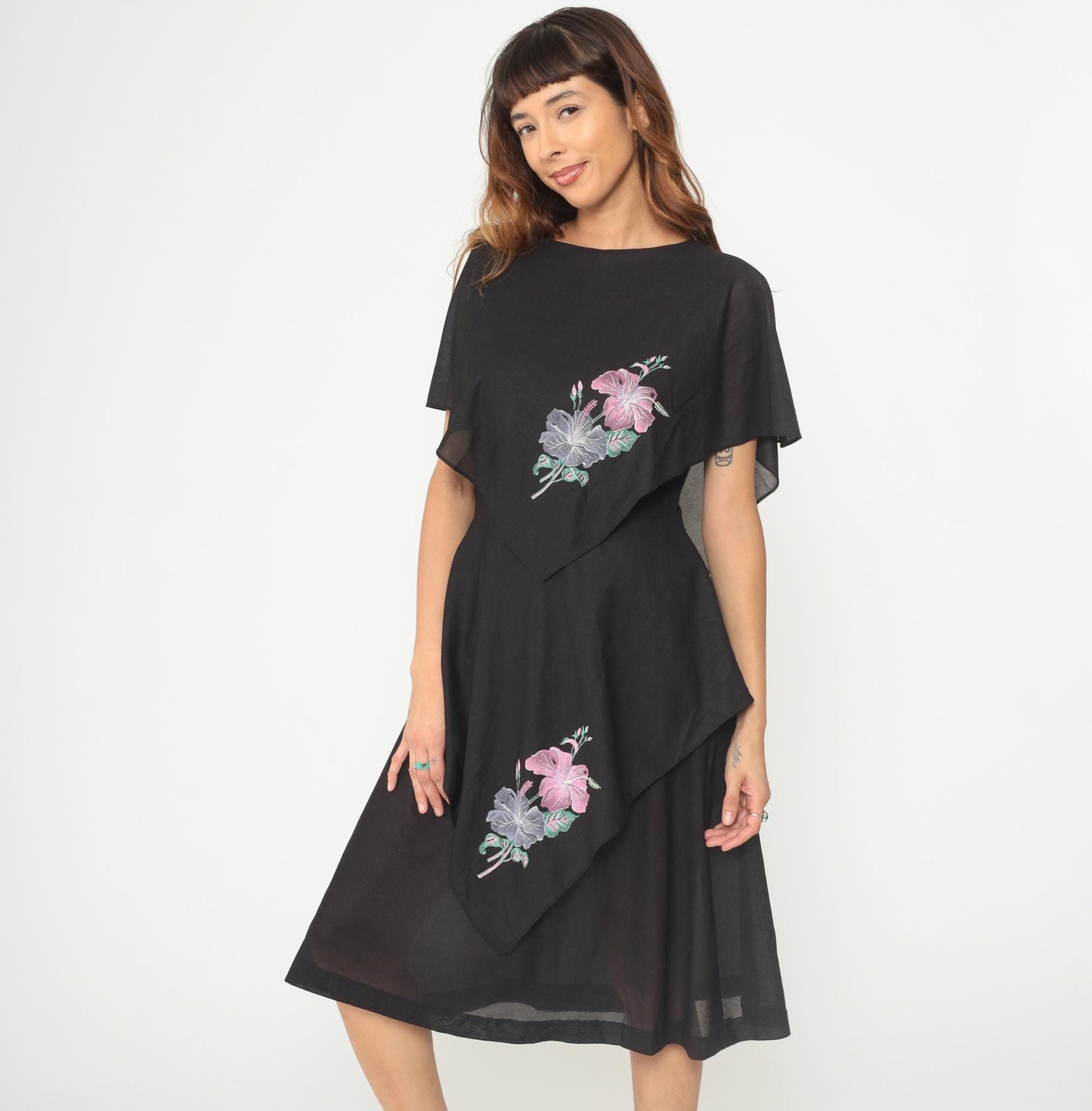 80s Black Tropical Floral Tiered Capelet Midi Dress Flutter Sleeve Medium