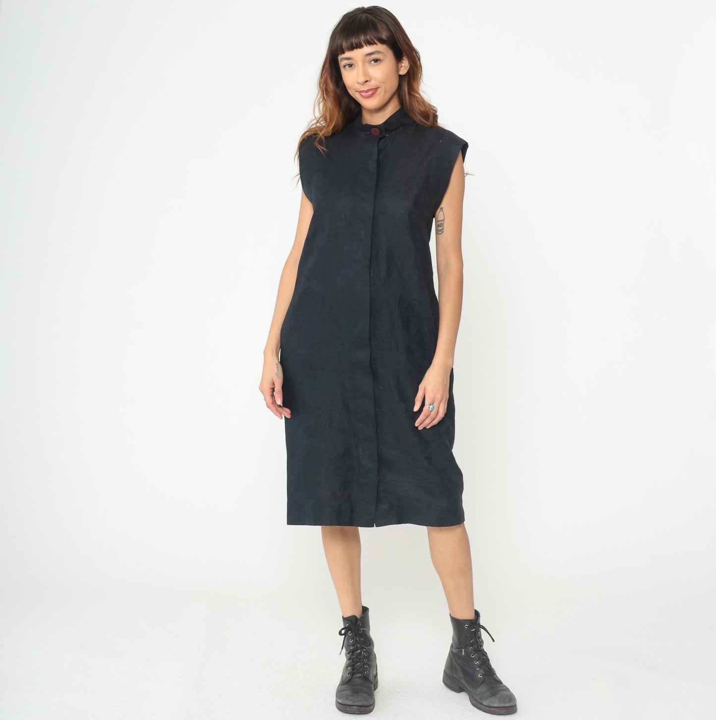 90s Albert Nipon Black Linen Mandarin Collar Midi Dress Large L