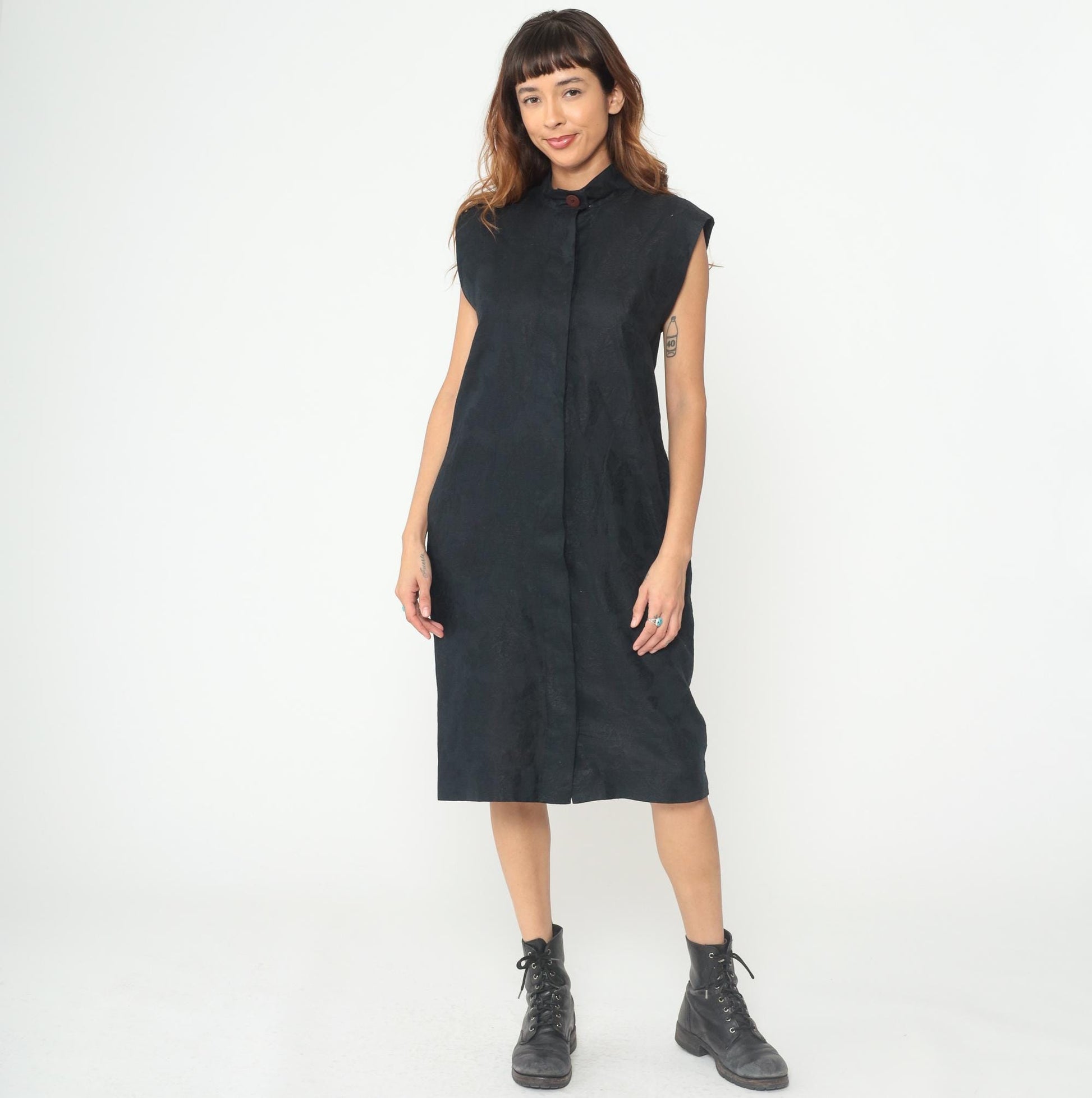 90s Albert Nipon Black Linen Mandarin Collar Midi Dress Large L