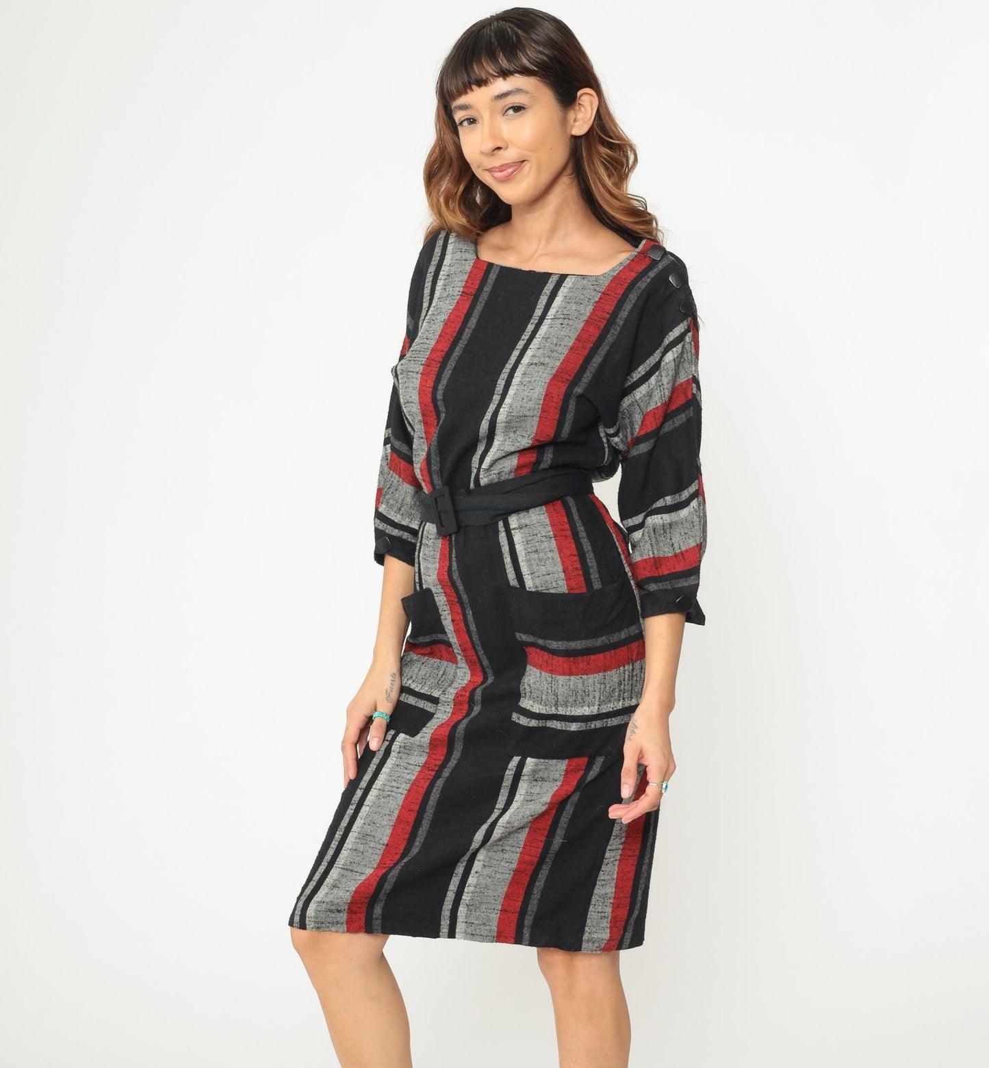 80s Vertical Stripe Midi Dress Red Black Grey Square Neck Wool Blend Medium