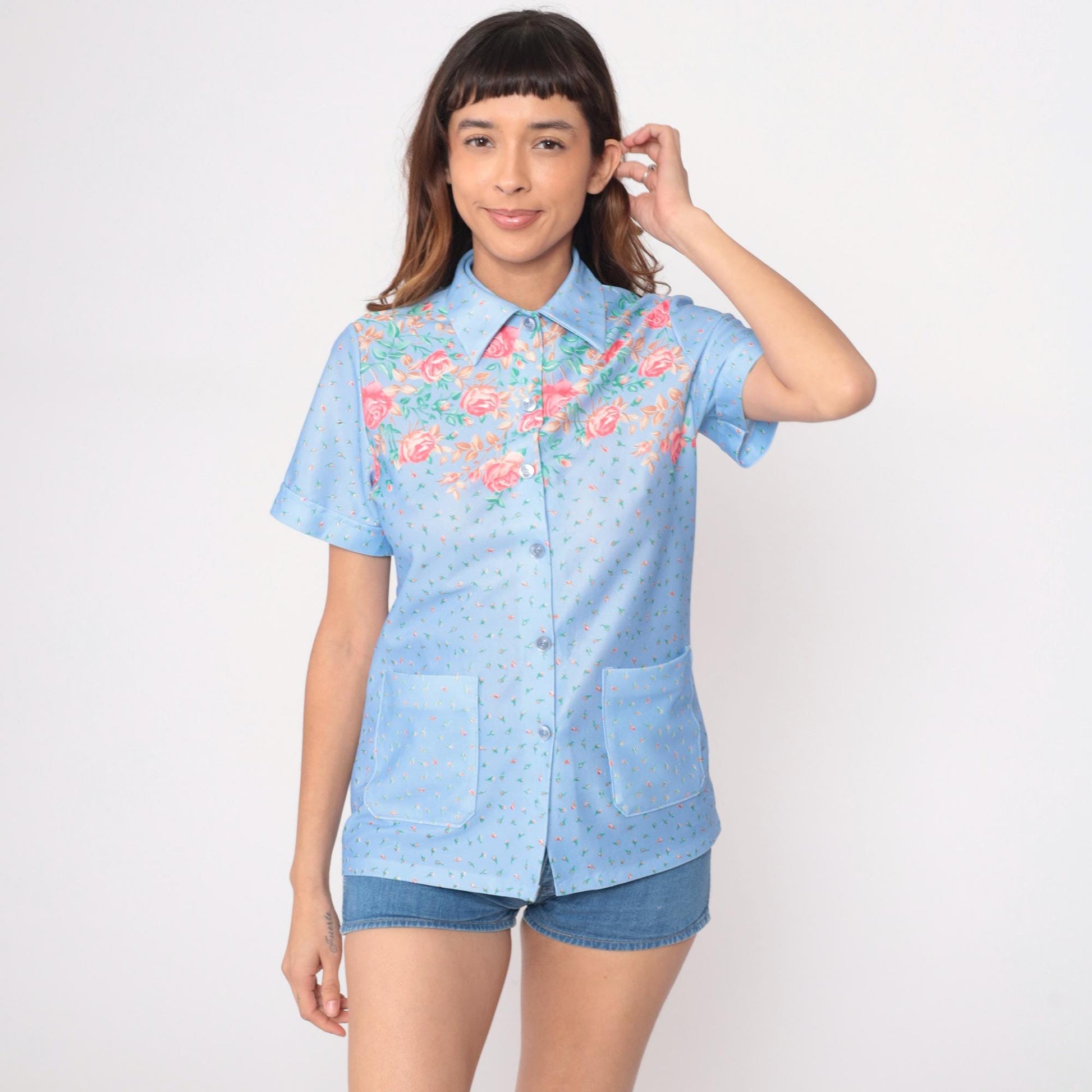 70s Light Blue Floral Shirt Pink Roses Button Up Short Sleeve Medium