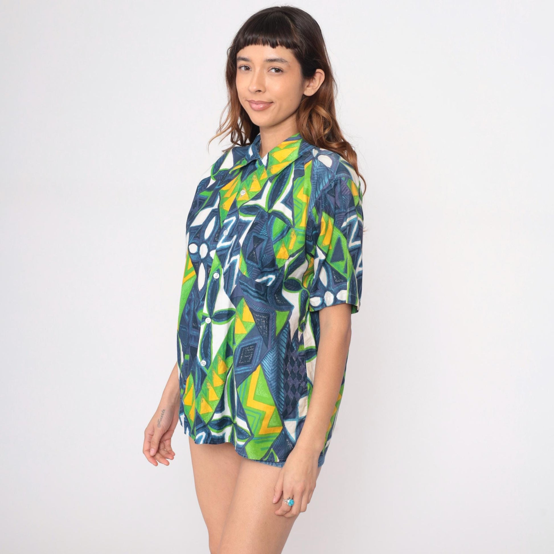 70s Hawaiian Shirt Geometric Abstract Print Button Front Cotton Blue Green Large
