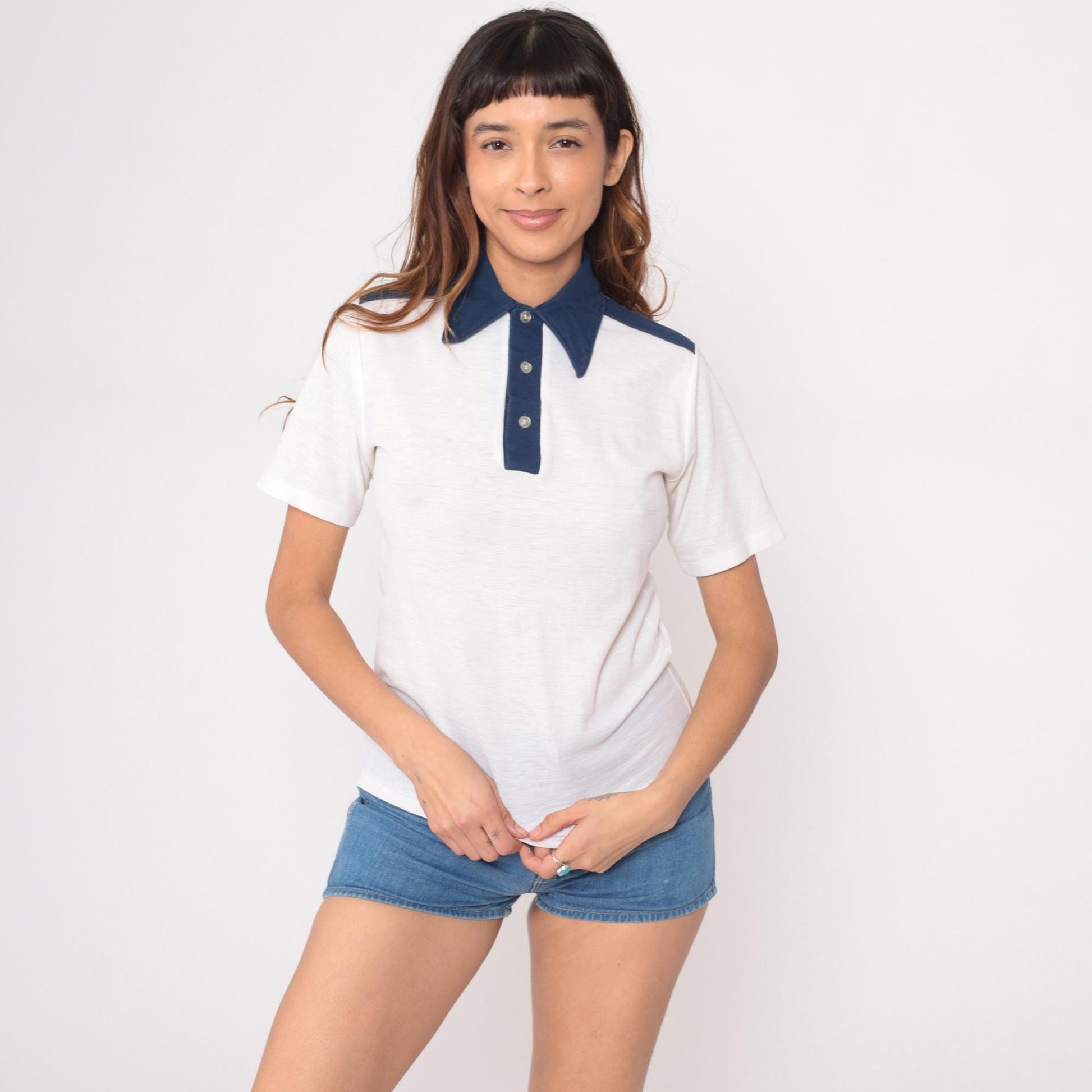 70s Macy's Pro Shop Polo Shirt White Navy Collar Stripes Medium M