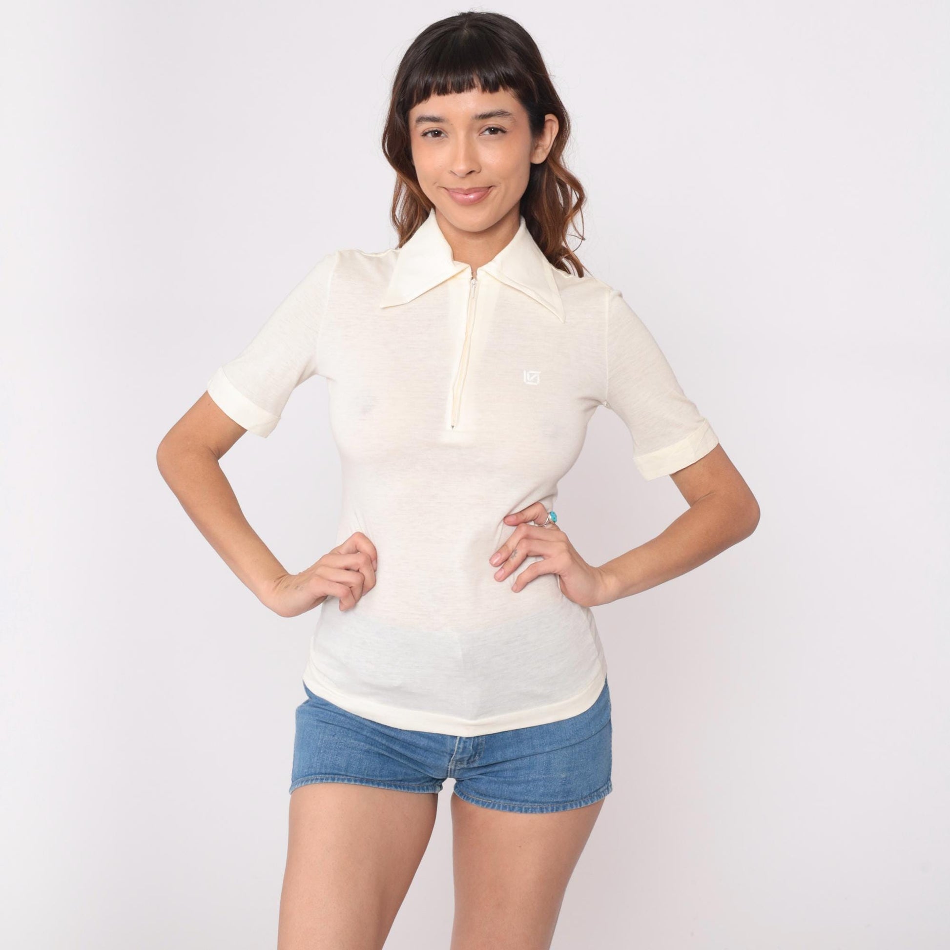 70s Cream Polo Shirt Half-Zip Pointed Collar Short Sleeve Small S