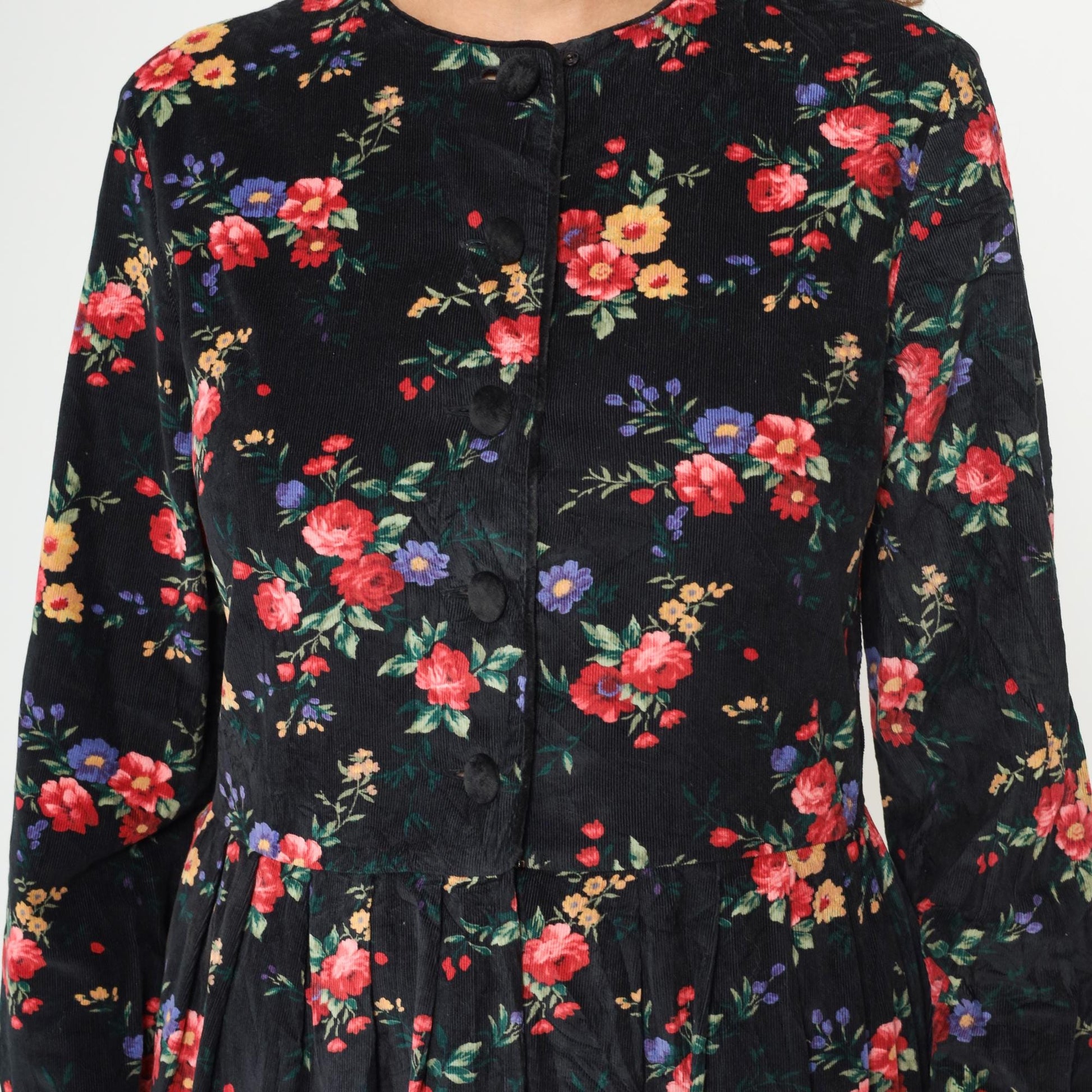 90s Talbots Floral Corduroy Midi Dress Black Button Front Long Sleeve Medium