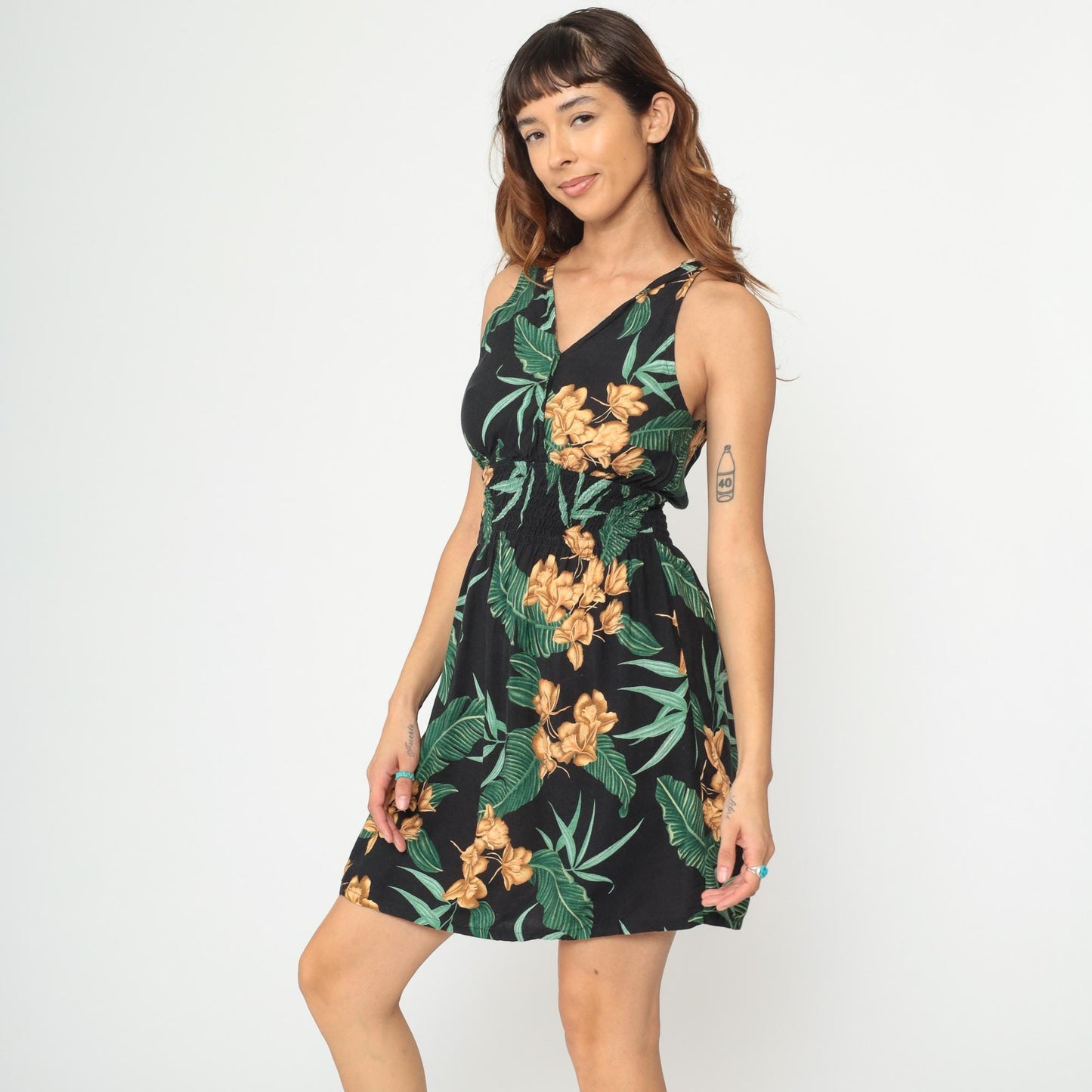 Y2K Hula Bay Tropical Floral Mini Dress Black Rayon V-Neck Large L