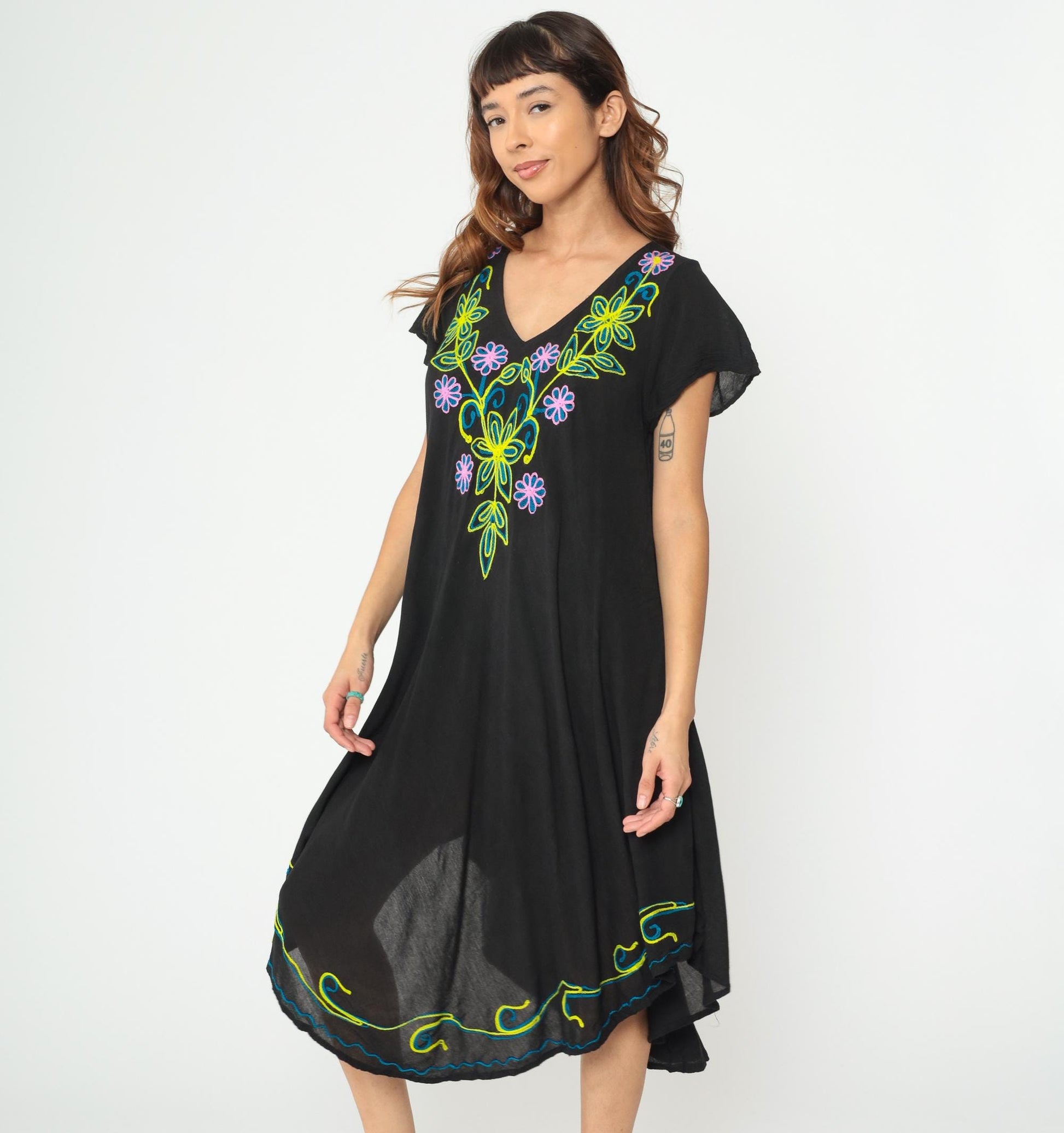 Y2K Black Midi Dress Exist Floral Embroidery V-Neck Asymmetric Hem One Size
