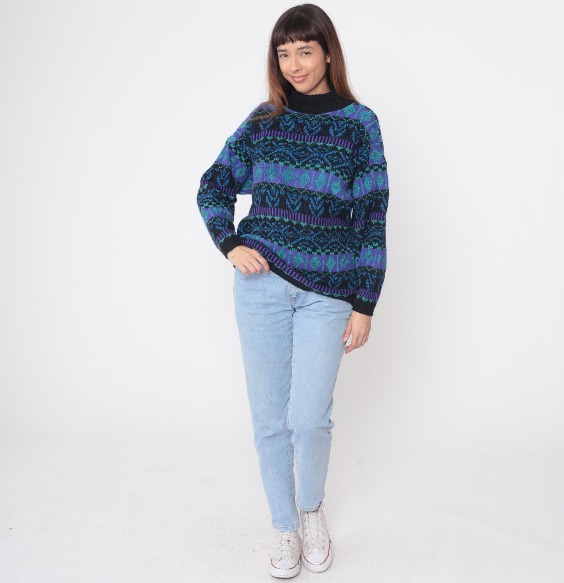 90s Fair Isle Mock Neck Sweater Purple Teal Geometric Nordic Small S