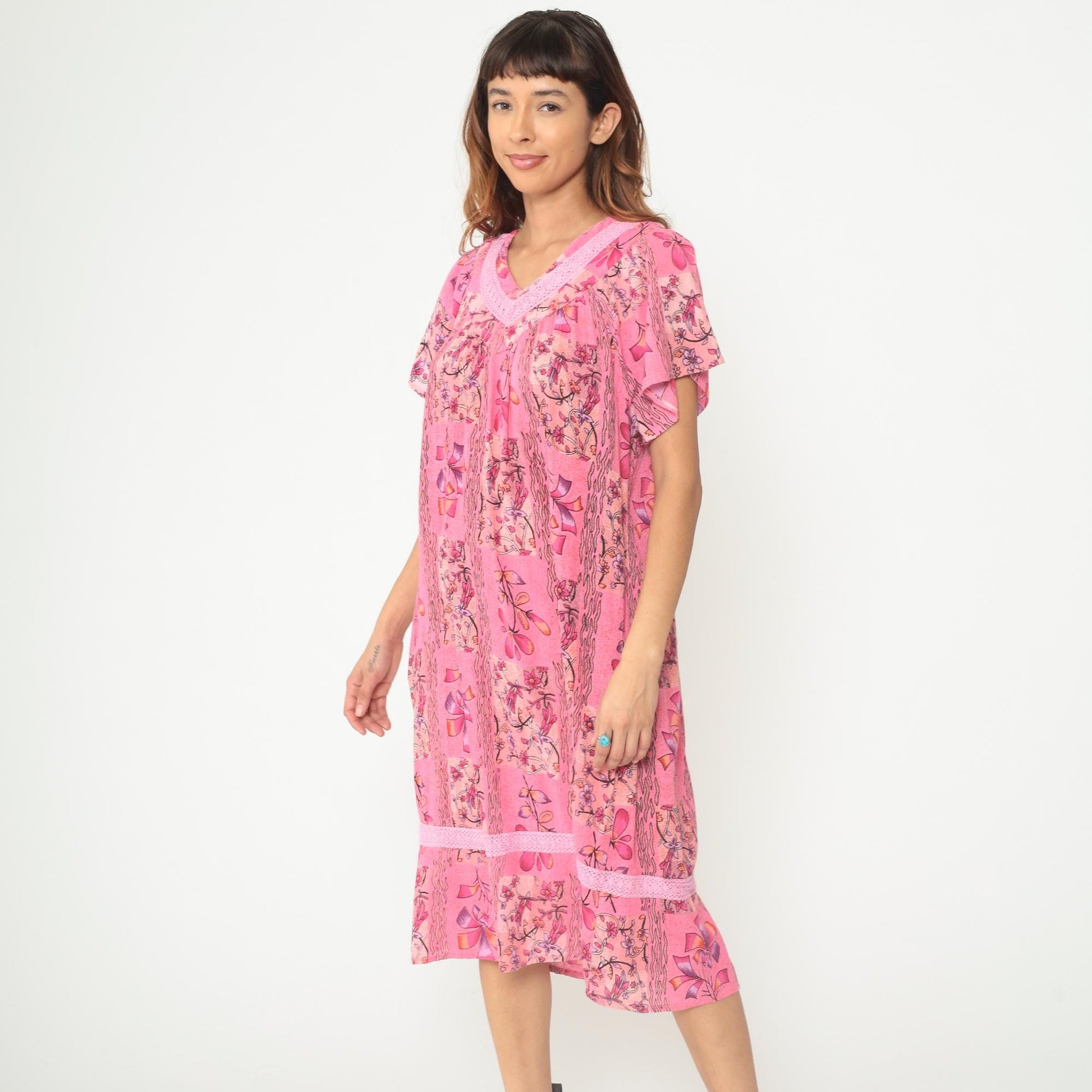 90s Longees Floral Midi Dress Pink Cotton V-Neck Tiered Ruffle Medium
