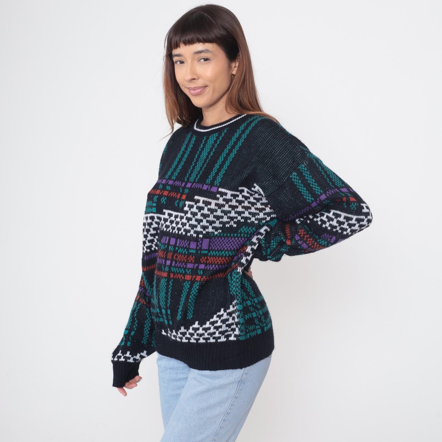 80s Weeds Tribal Geometric Sweater Black Teal Purple Crew Neck Extra Large