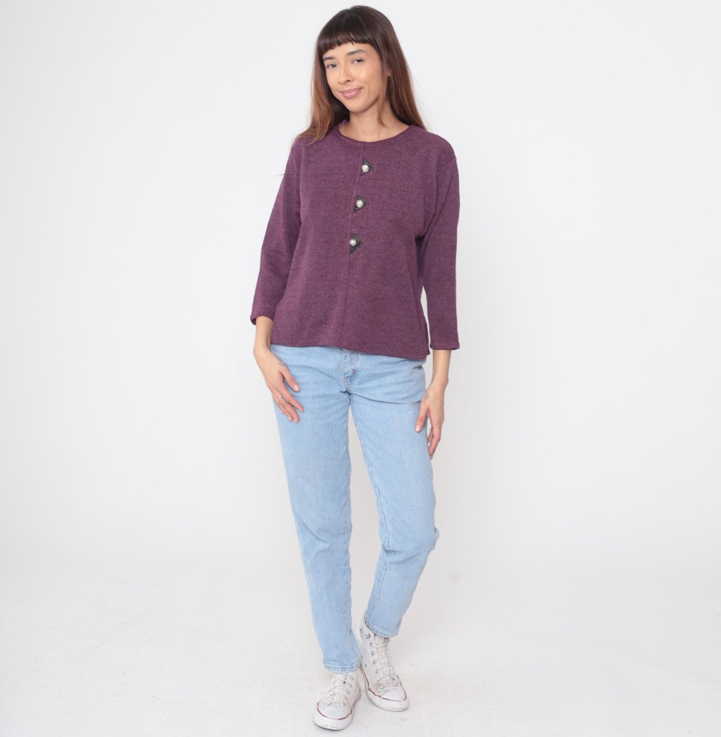 90s Purple Cotton Crew Neck Sweater Pearl Buttons Three-Quarter Sleeve Medium M