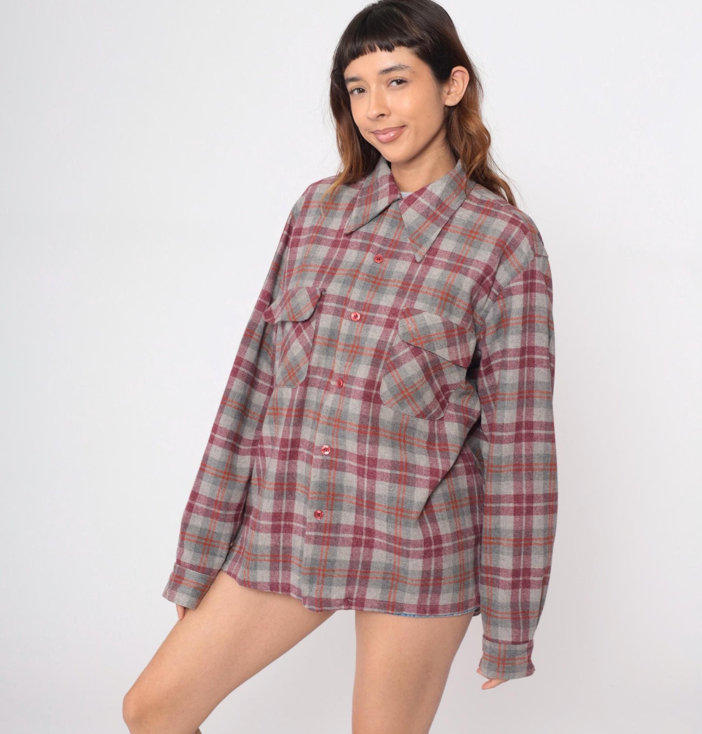 70s Royal Knight Wool Plaid Flannel Shirt Burgundy Grey Chest Pockets Extra Large