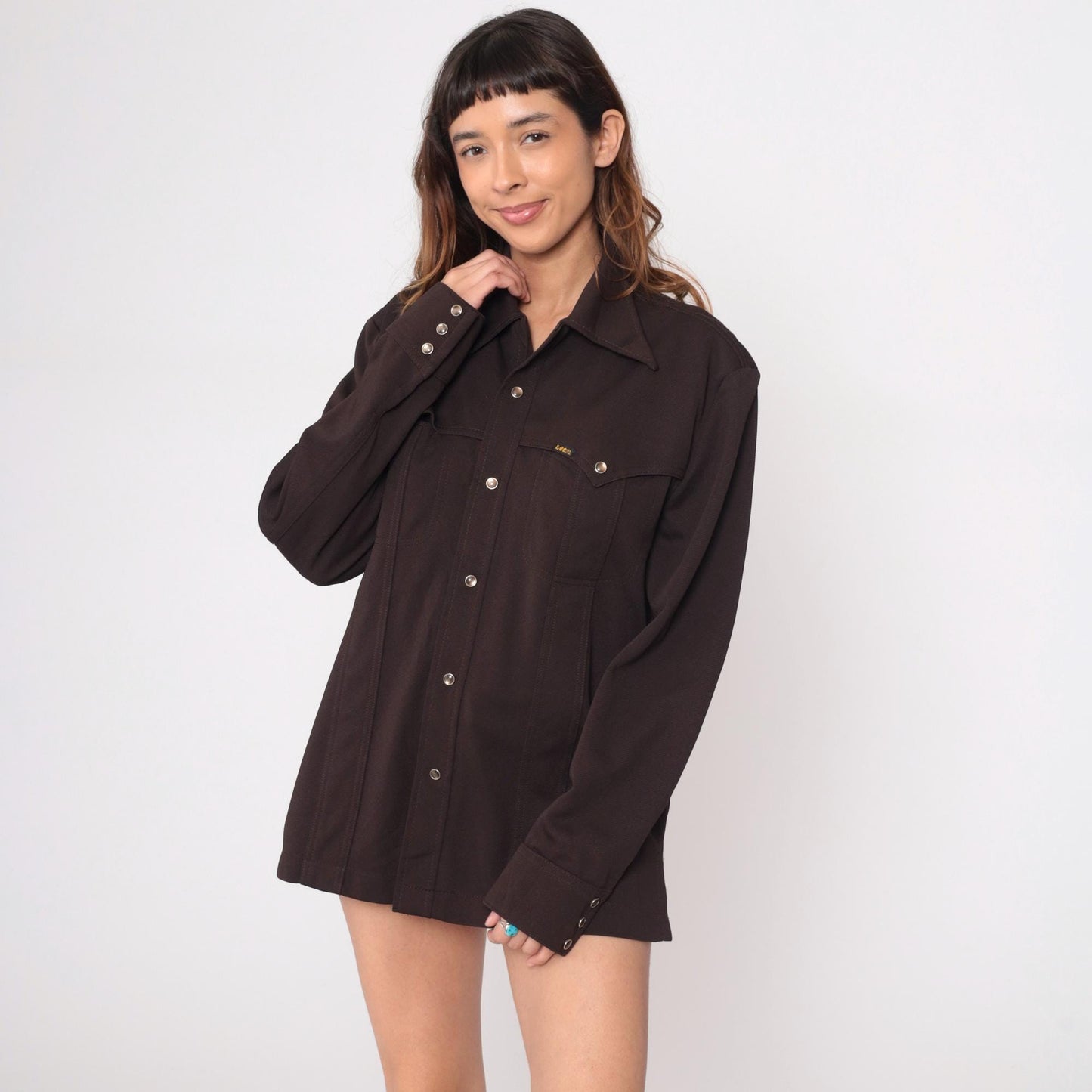 70s Lee Western Shirt Snap Button Black Pointed Collar Unisex Medium