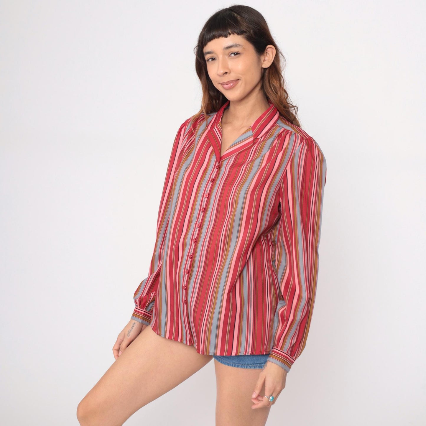70s Pykettes Striped Button-Front Blouse Multicolor Vertical Stripes Large L