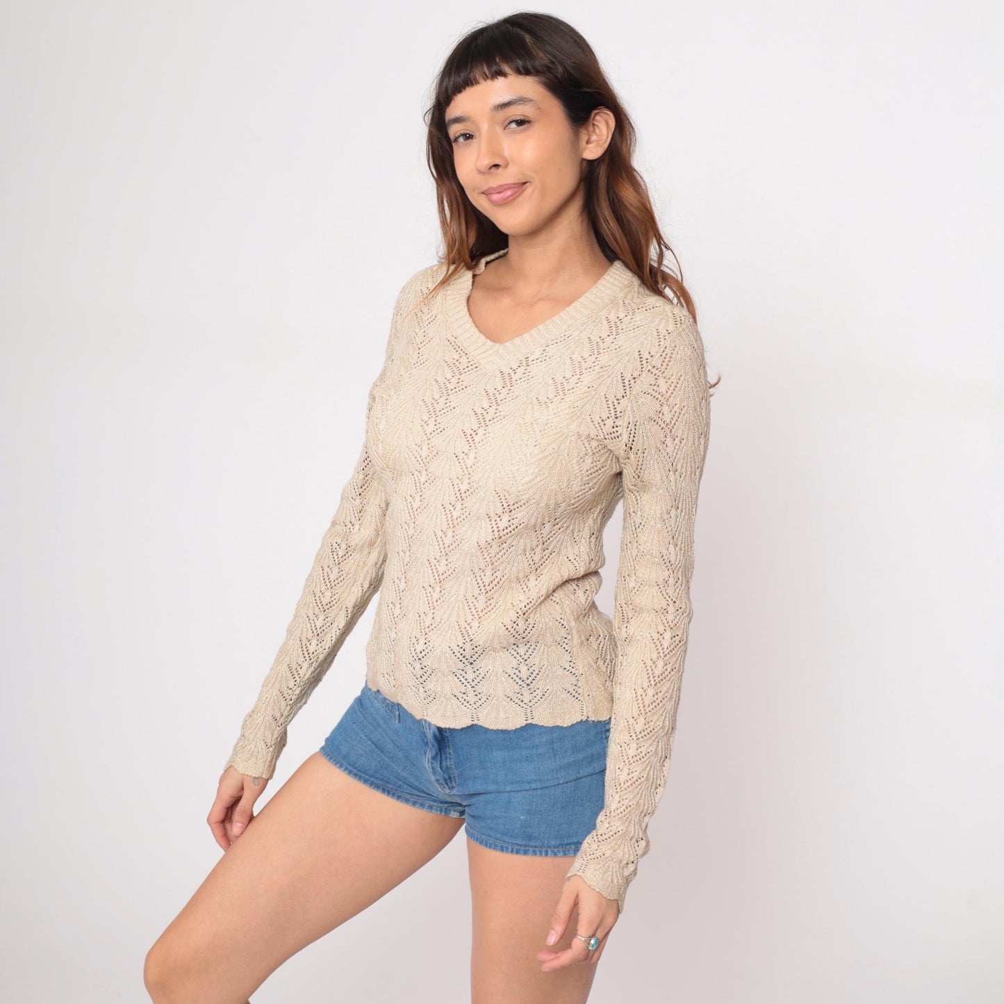 80s Vivanti Pointelle Sweater Cream Cotton V-Neck Chevron Knit Medium M