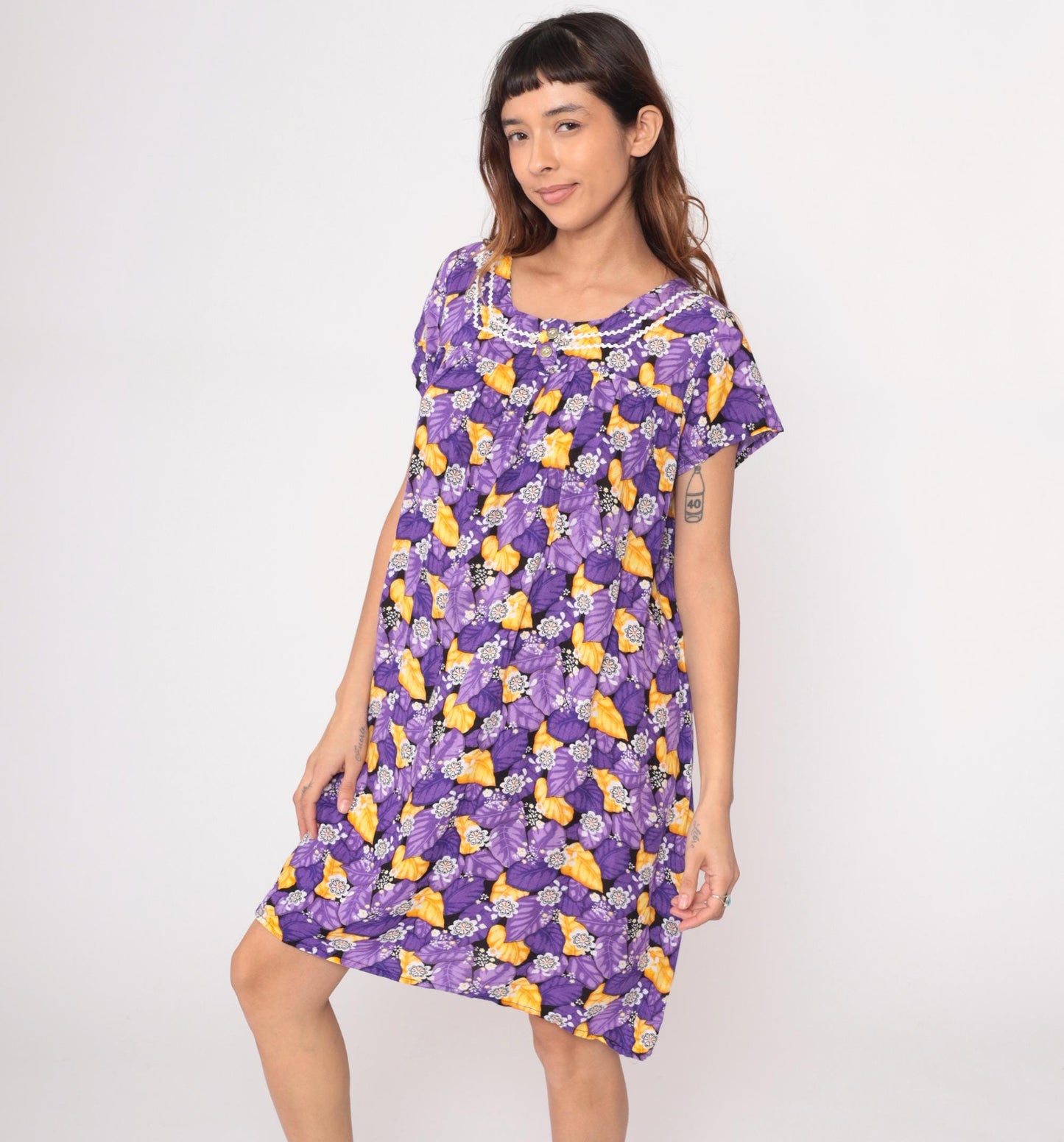 80s Purple Floral Rayon Shift Dress Rickrack Trim Yellow Flowers Large