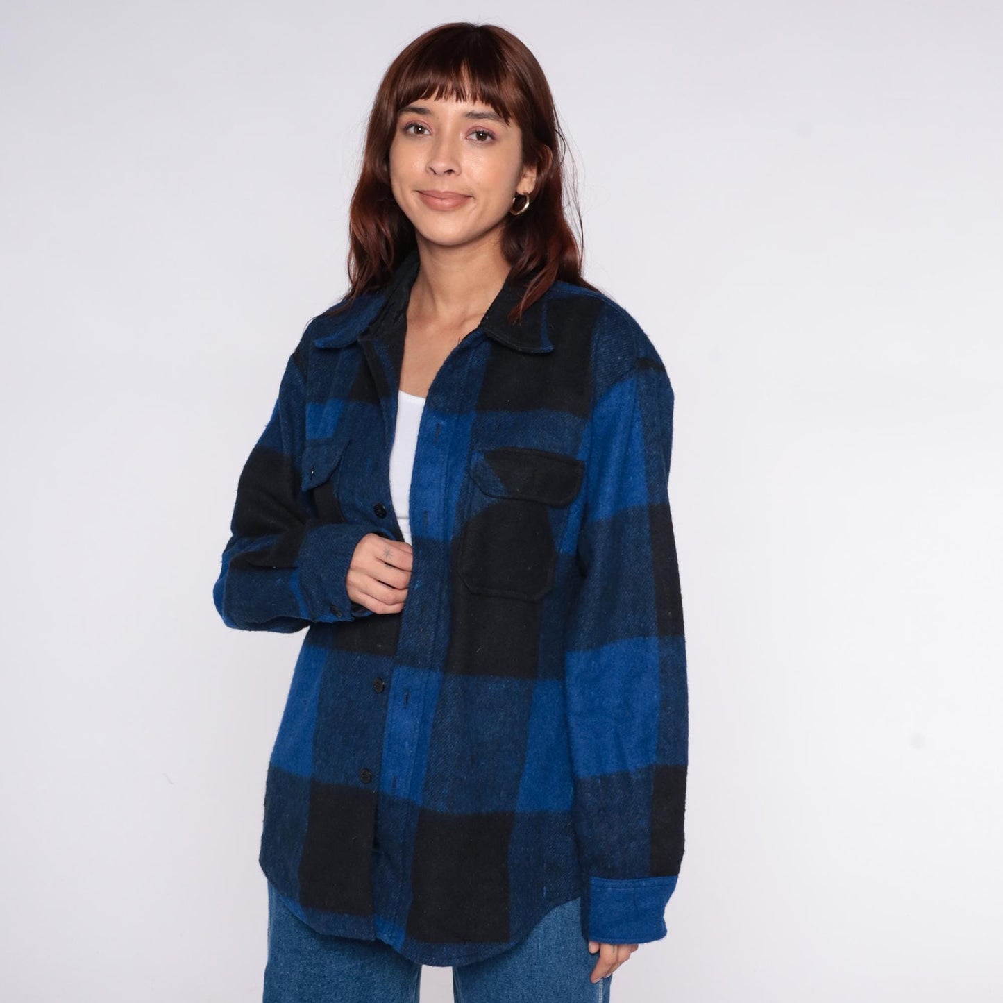70s Bronzini Buffalo Plaid Flannel Shirt Wool Blend Blue Black Large