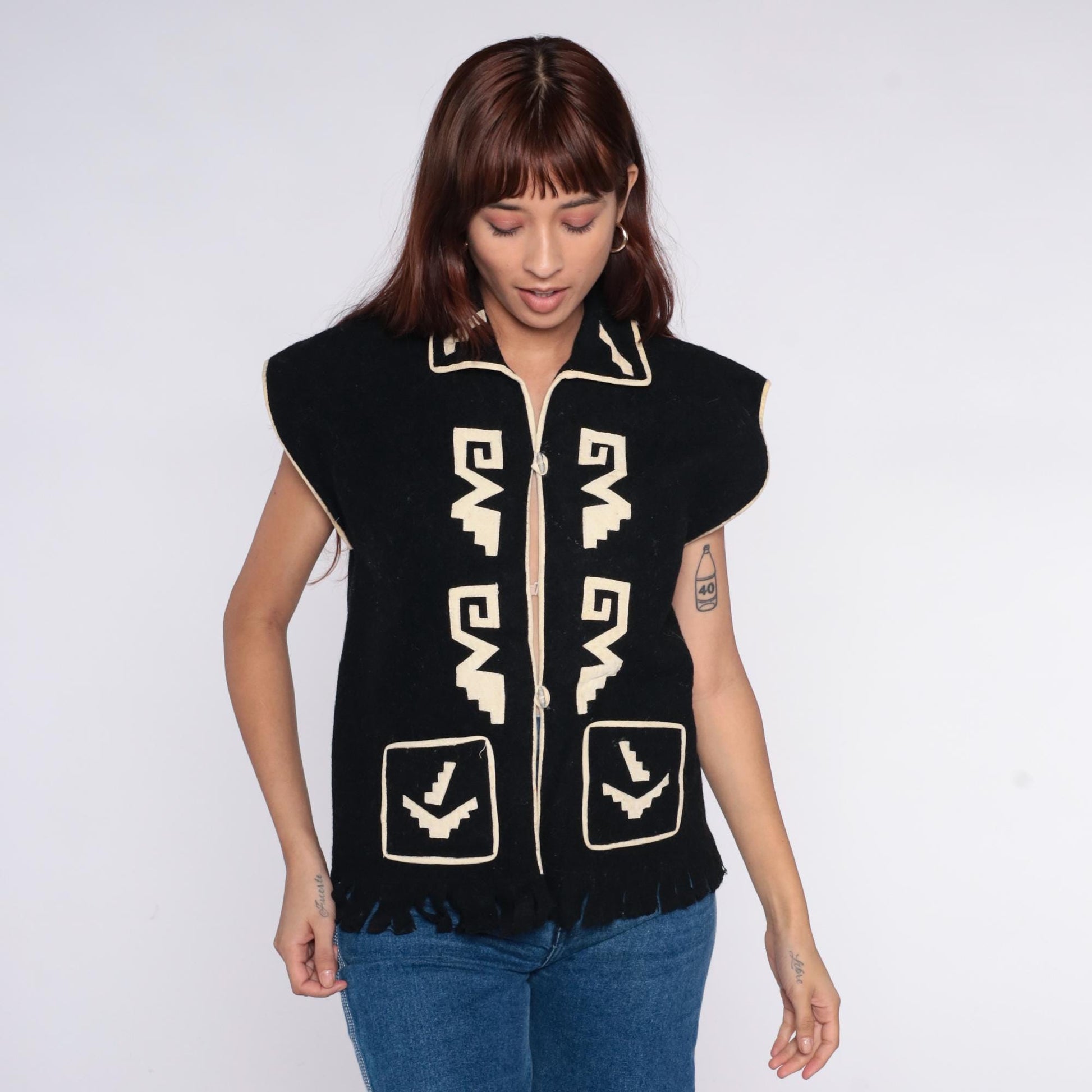 90s Black Southwestern Geometric Vest Collared Zip Front Medium M