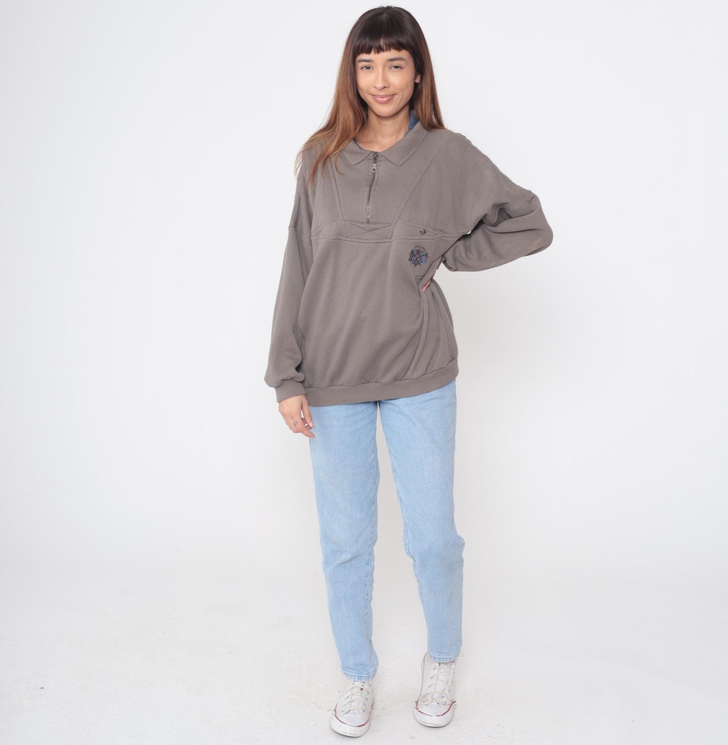 90s Todays News Half Zip Sweatshirt Taupe Embroidered Logo Large L