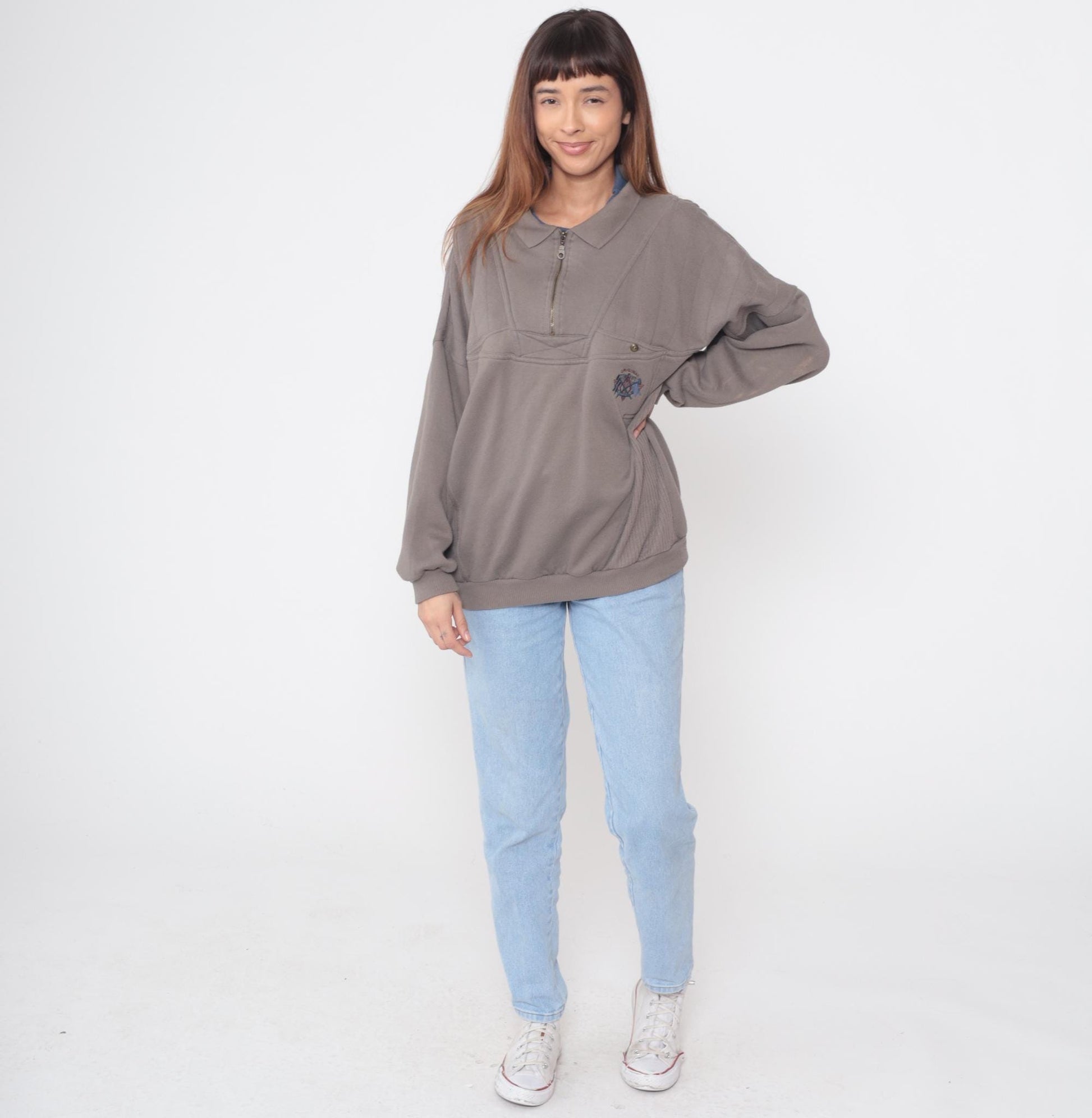 90s Todays News Half Zip Sweatshirt Taupe Embroidered Logo Large L