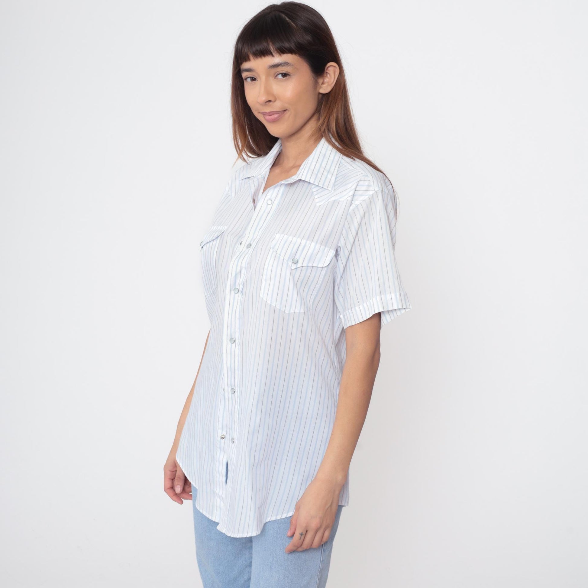 80s Panhandle Slim Western Shirt Blue Pinstripe Short Sleeve Large