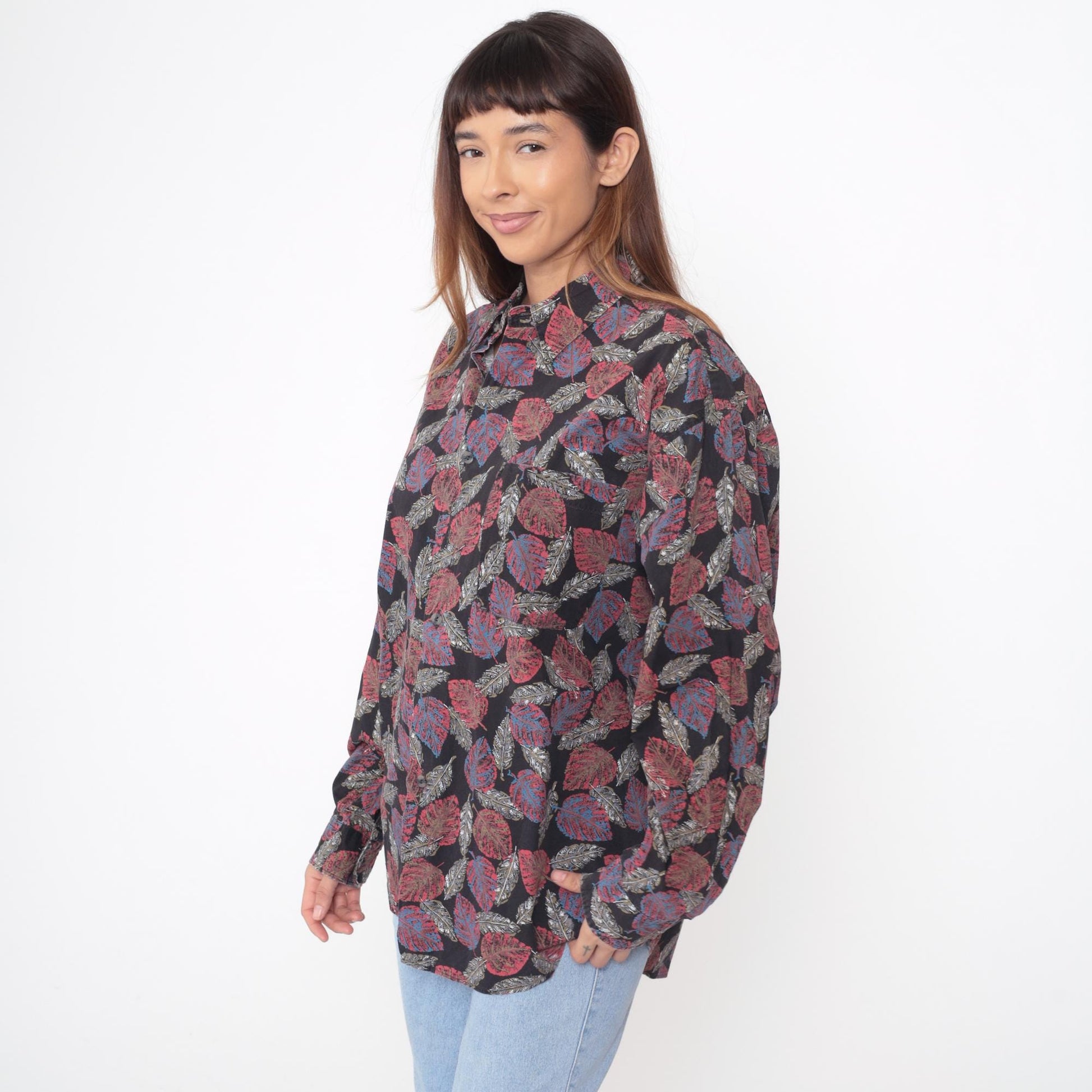 90s Henry Grethel Black Leaf Print Button-Up Shirt Cotton Extra Large