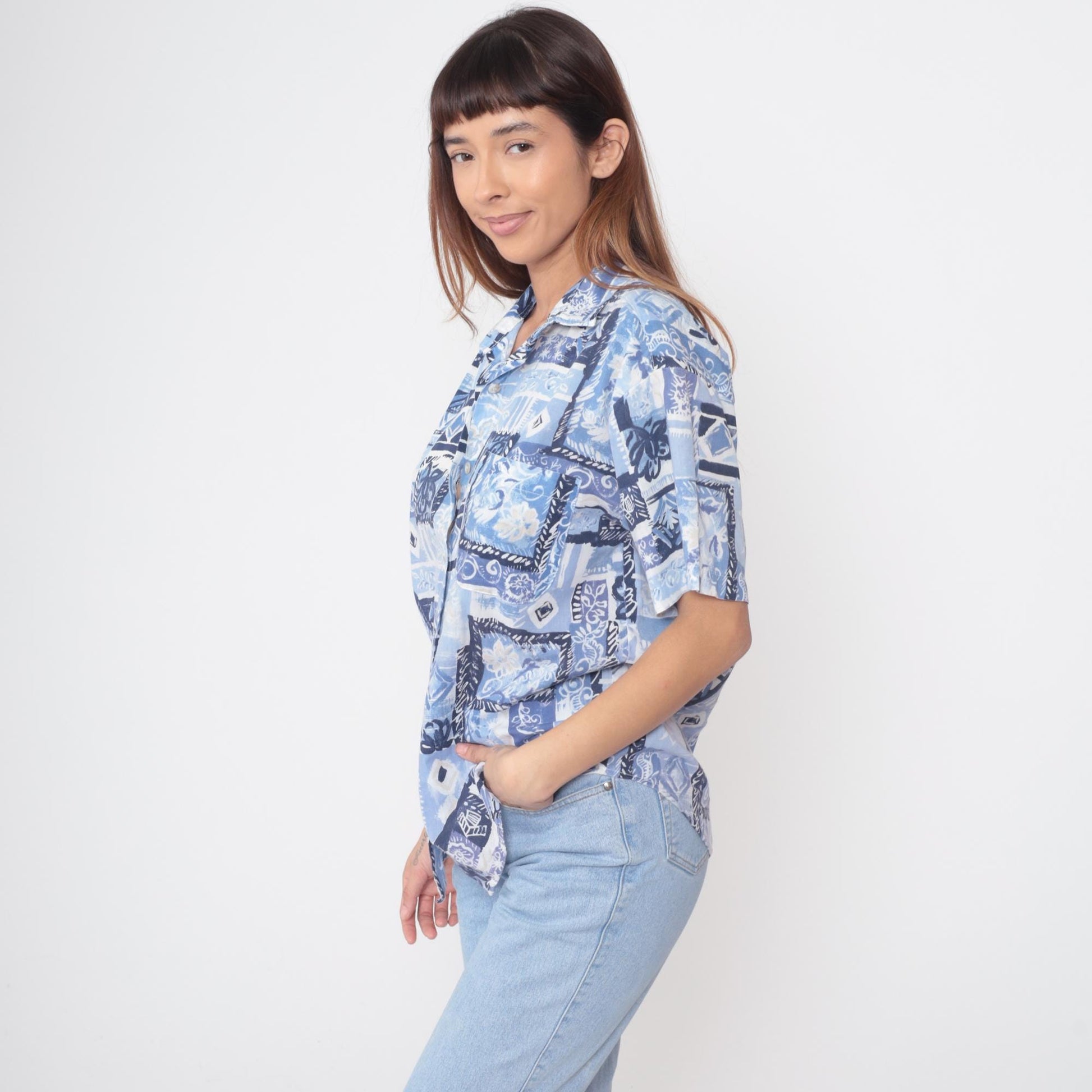 90s Casey & Max Blue Patchwork Shirt Geometric Floral Abstract Print Medium