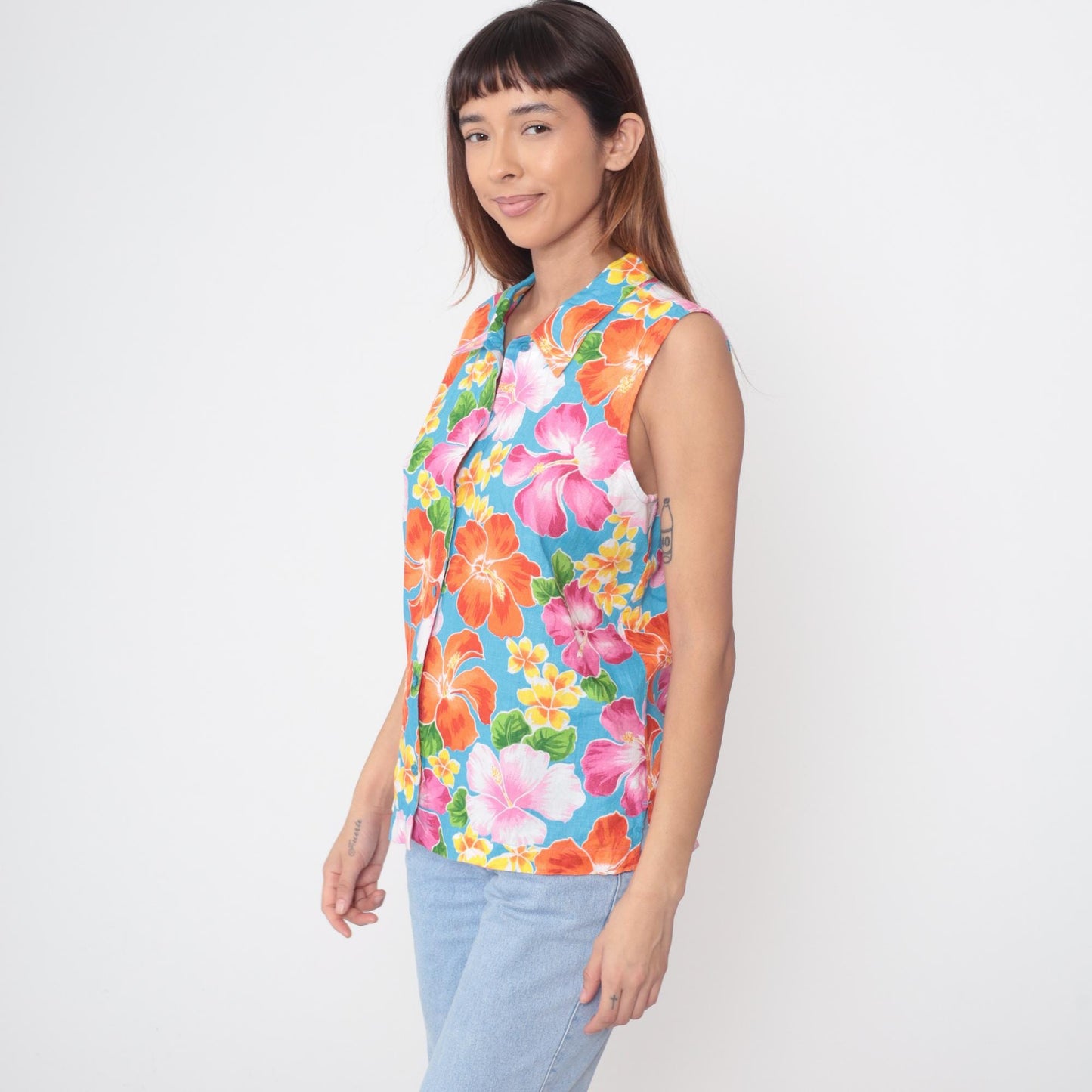 Y2K Jones New York Sport Hawaiian Shirt Linen Blue Hibiscus Floral Medium