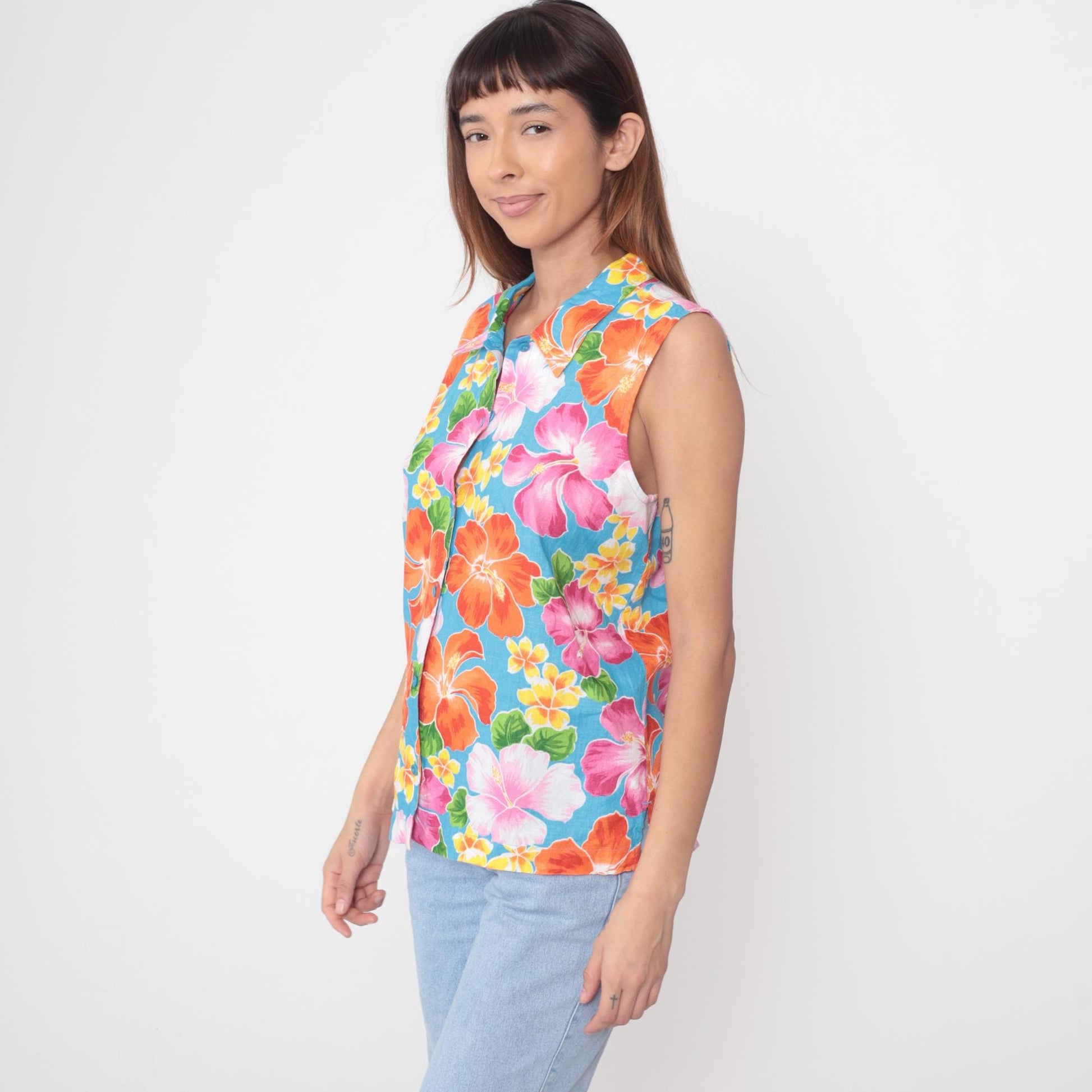 Y2K Jones New York Sport Hawaiian Shirt Linen Blue Hibiscus Floral Medium