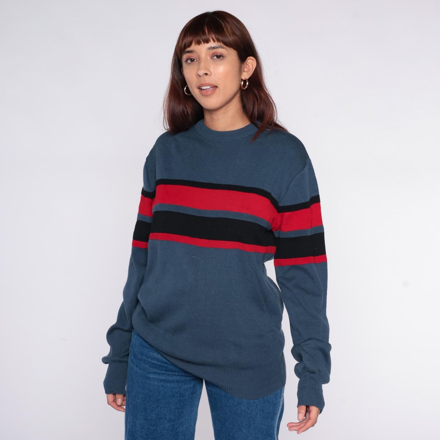 70s Meister Wool Sweater Striped Grey Red Black Crew Neck Extra Large XL