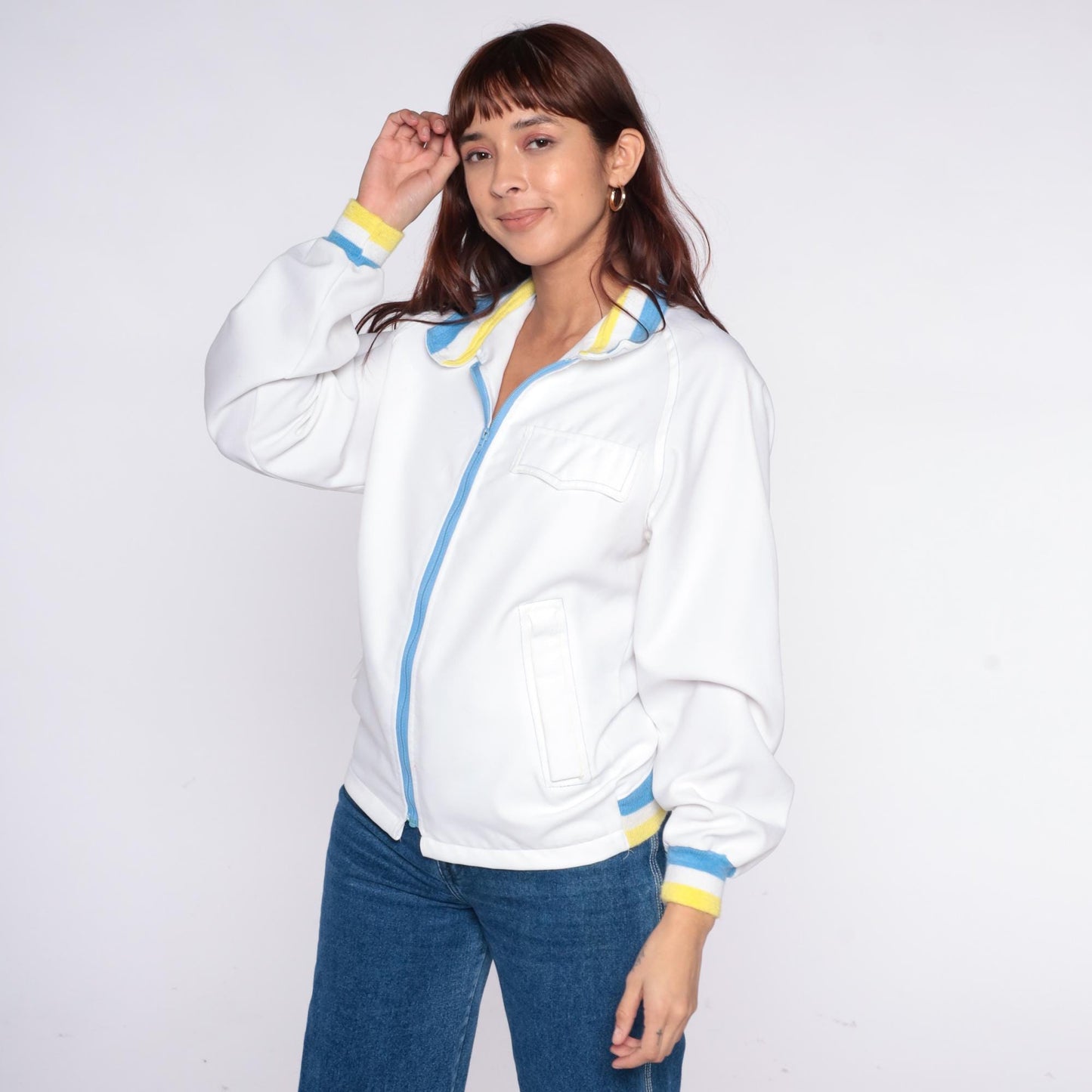 80s Sportsmaster Track Jacket White Windbreaker Blue Yellow Stripe Small