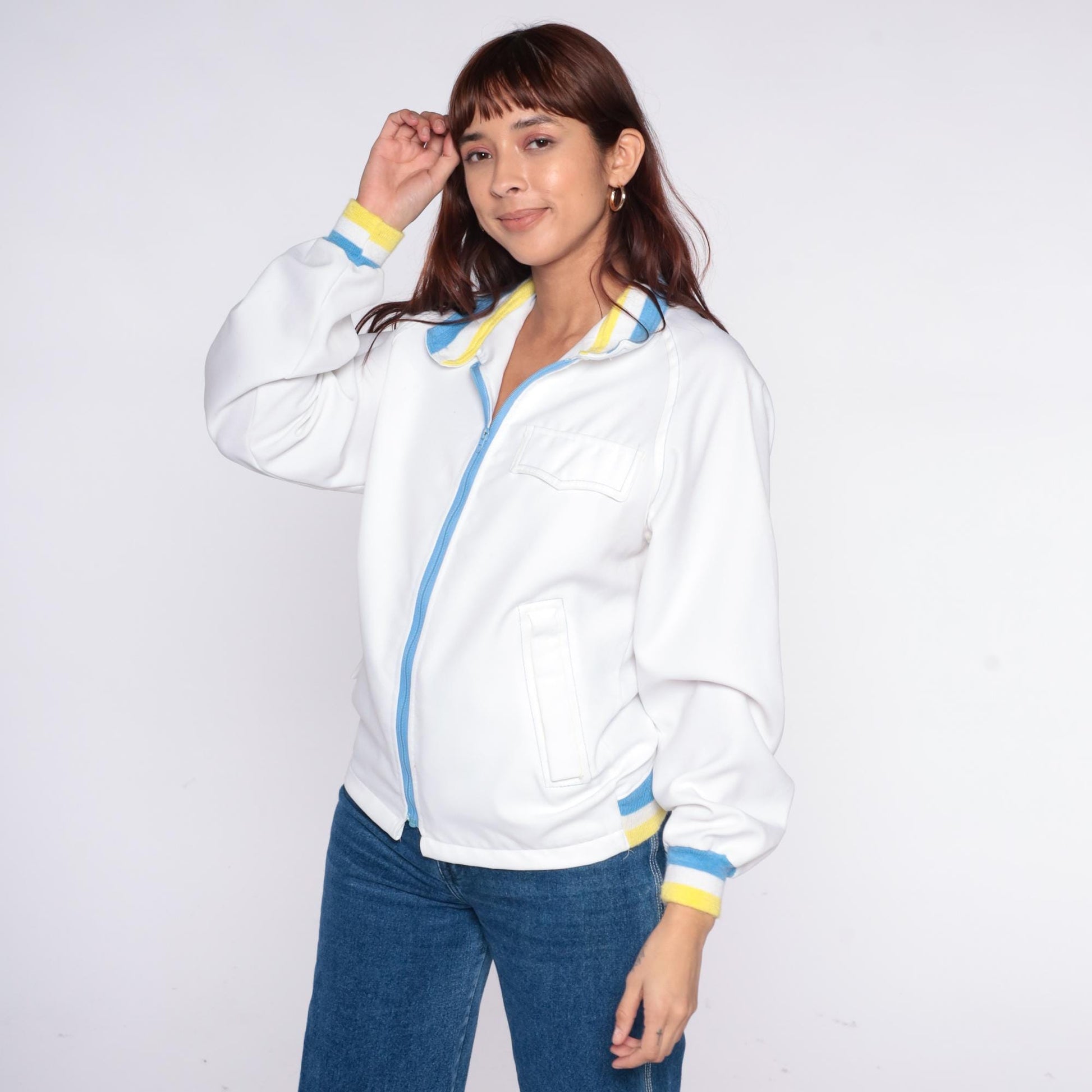 80s Sportsmaster Track Jacket White Windbreaker Blue Yellow Stripe Small