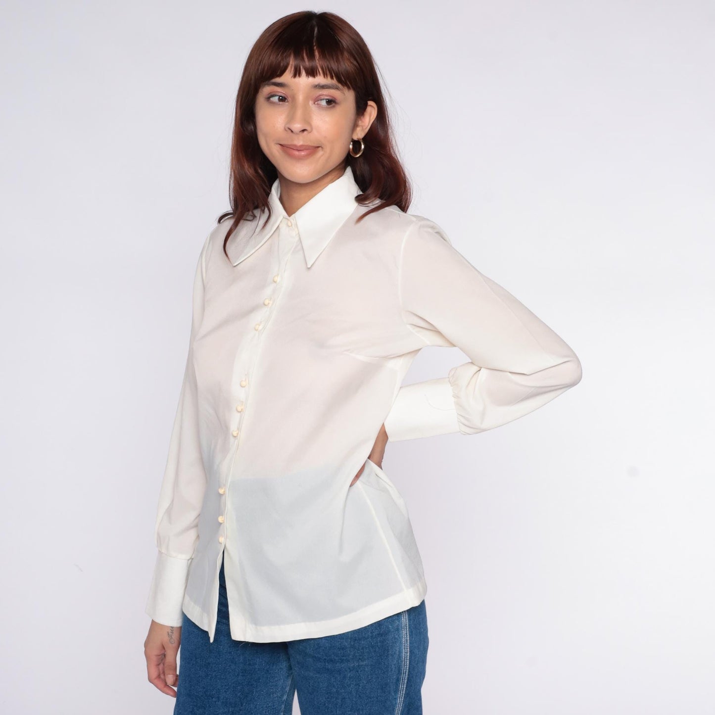 70s Cream Pointed Collar Button-Up Shirt Long Sleeve Semi-Sheer Medium