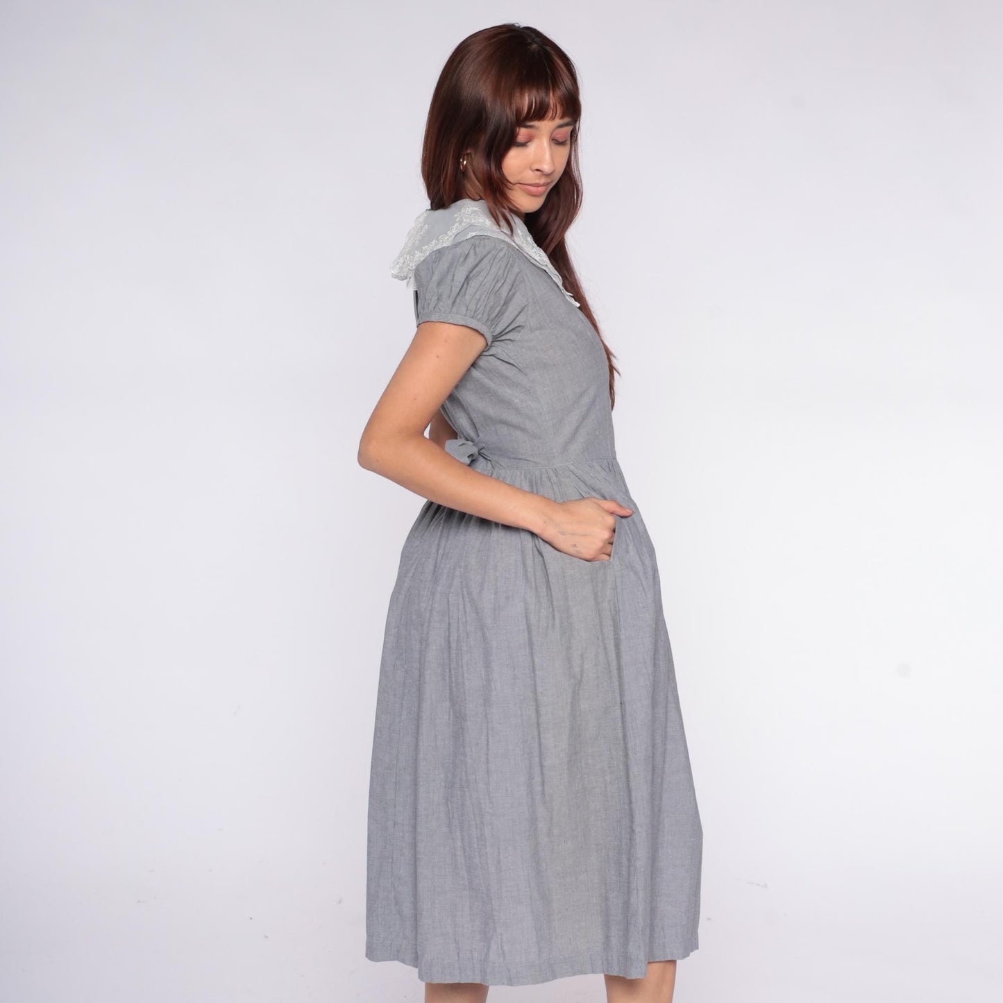 80s Grey Maxi Dress White Lace Collar Puff Sleeve Pintuck Medium M