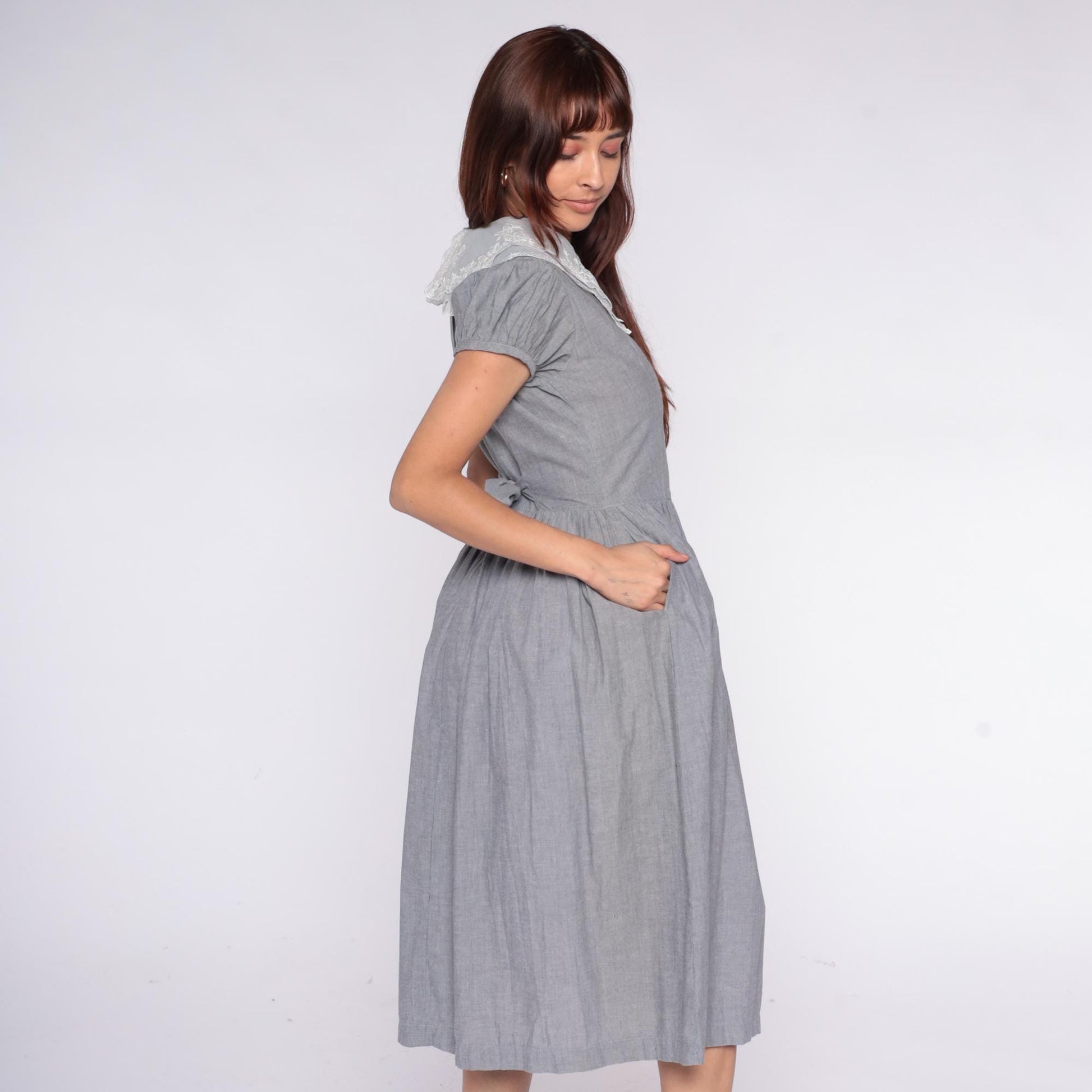 80s Grey Maxi Dress White Lace Collar Puff Sleeve Pintuck Medium M