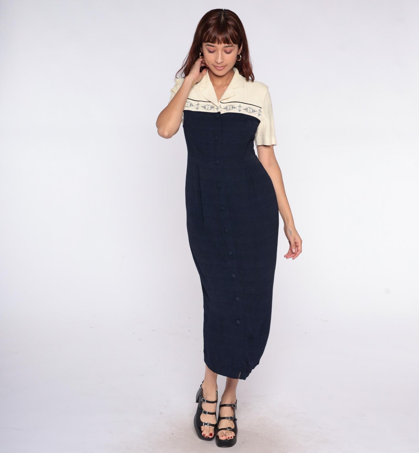 90s Dressbarn Color Block Midi Dress Cream Navy Collared Small