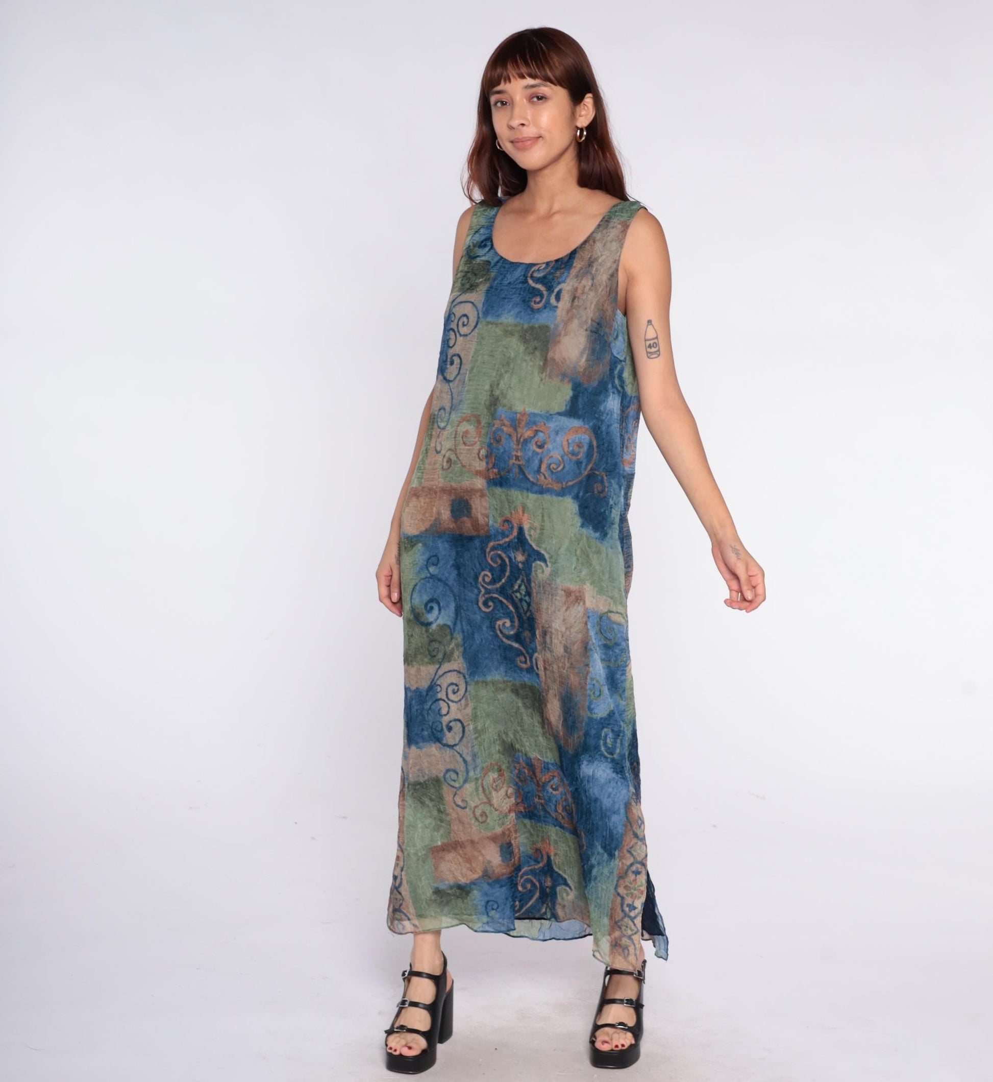 90s Nina Piccaino Patchwork Maxi Dress Sleeveless Blue Green Tan Medium